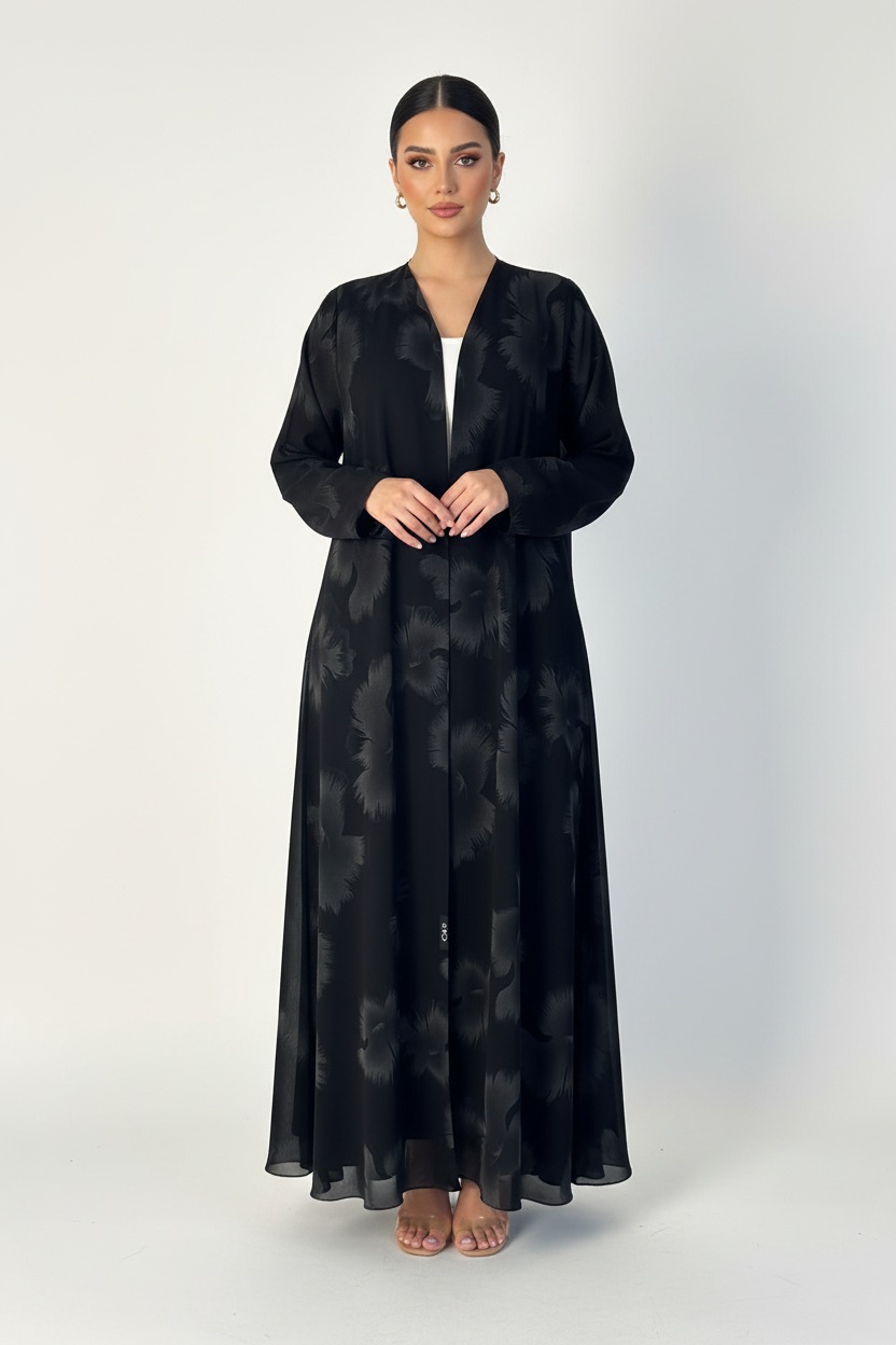 C 2389-03 Black Grey Printed Abaya