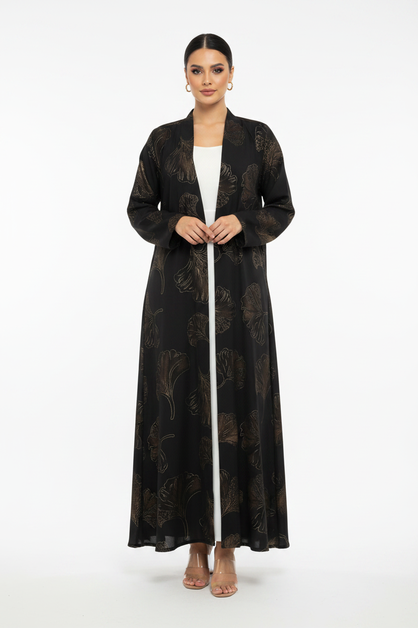 C 2390-02 Black Coffee Printed Abaya