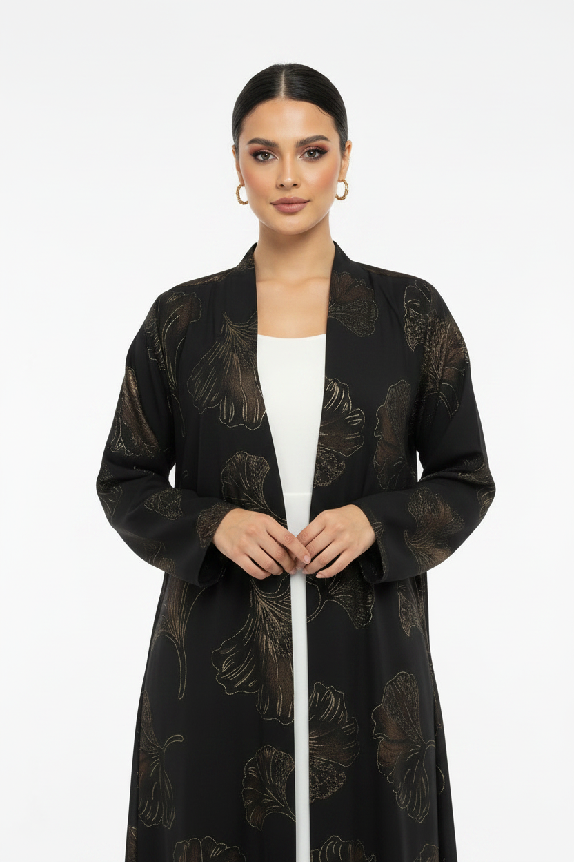 C 2390-02 Black Coffee Printed Abaya