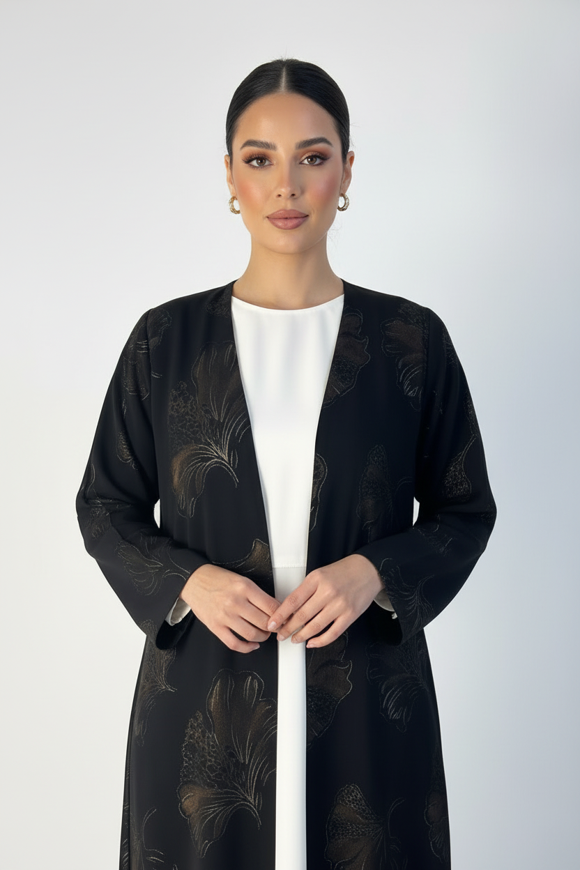 C 2390-04 Black Coffee Printed Abaya