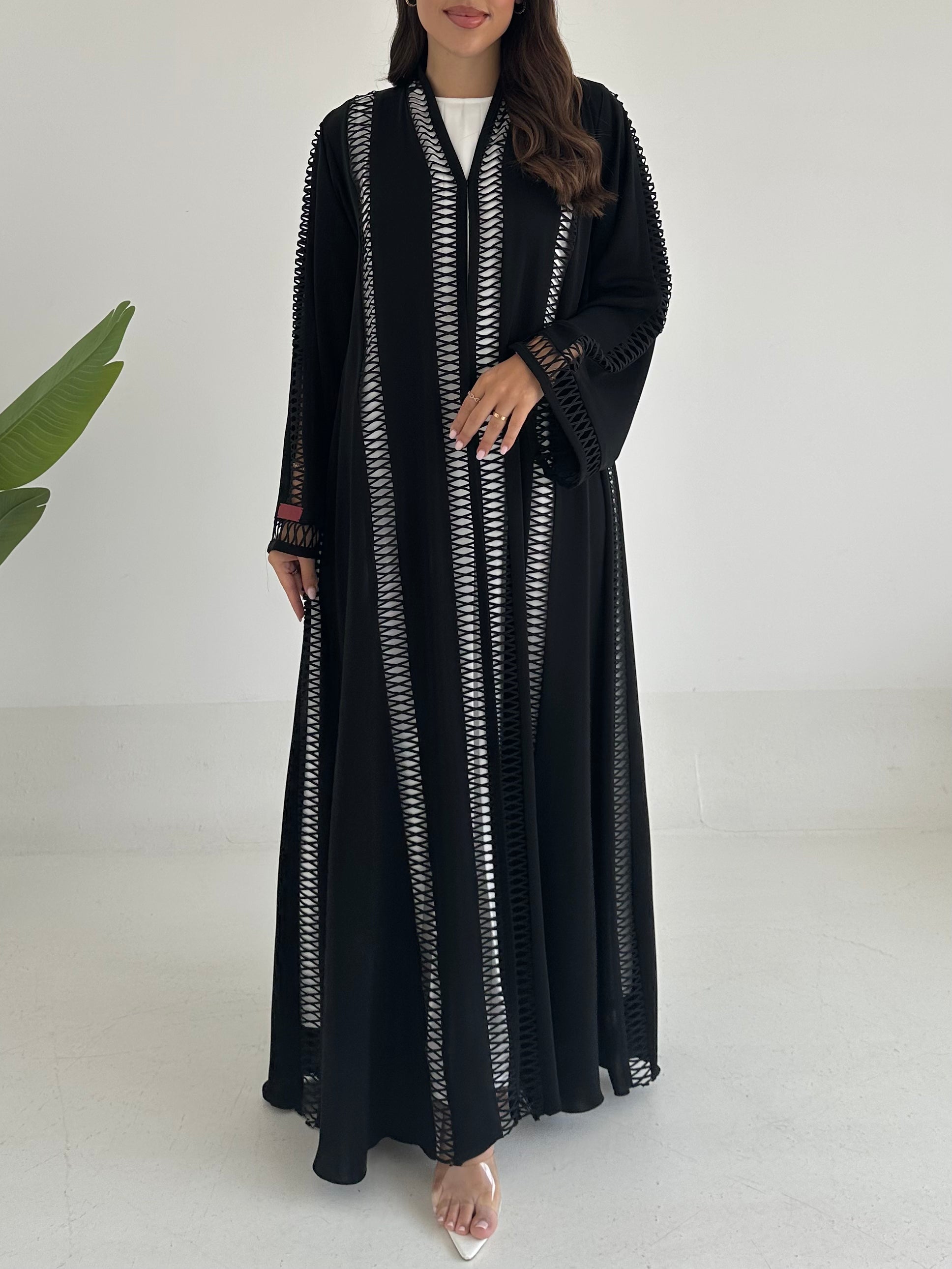 C 2394 Black Criss-Cross Lace Abaya
