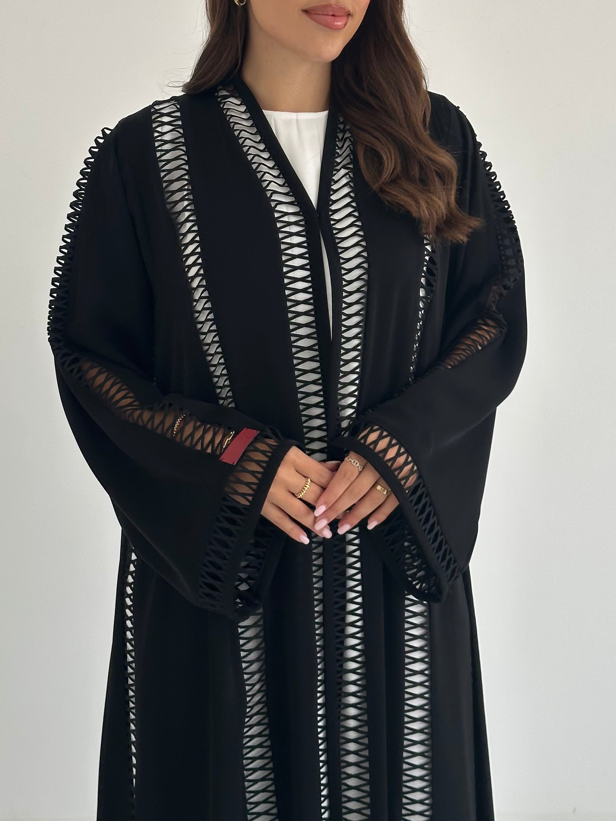 C 2394 Black Criss-Cross Lace Abaya