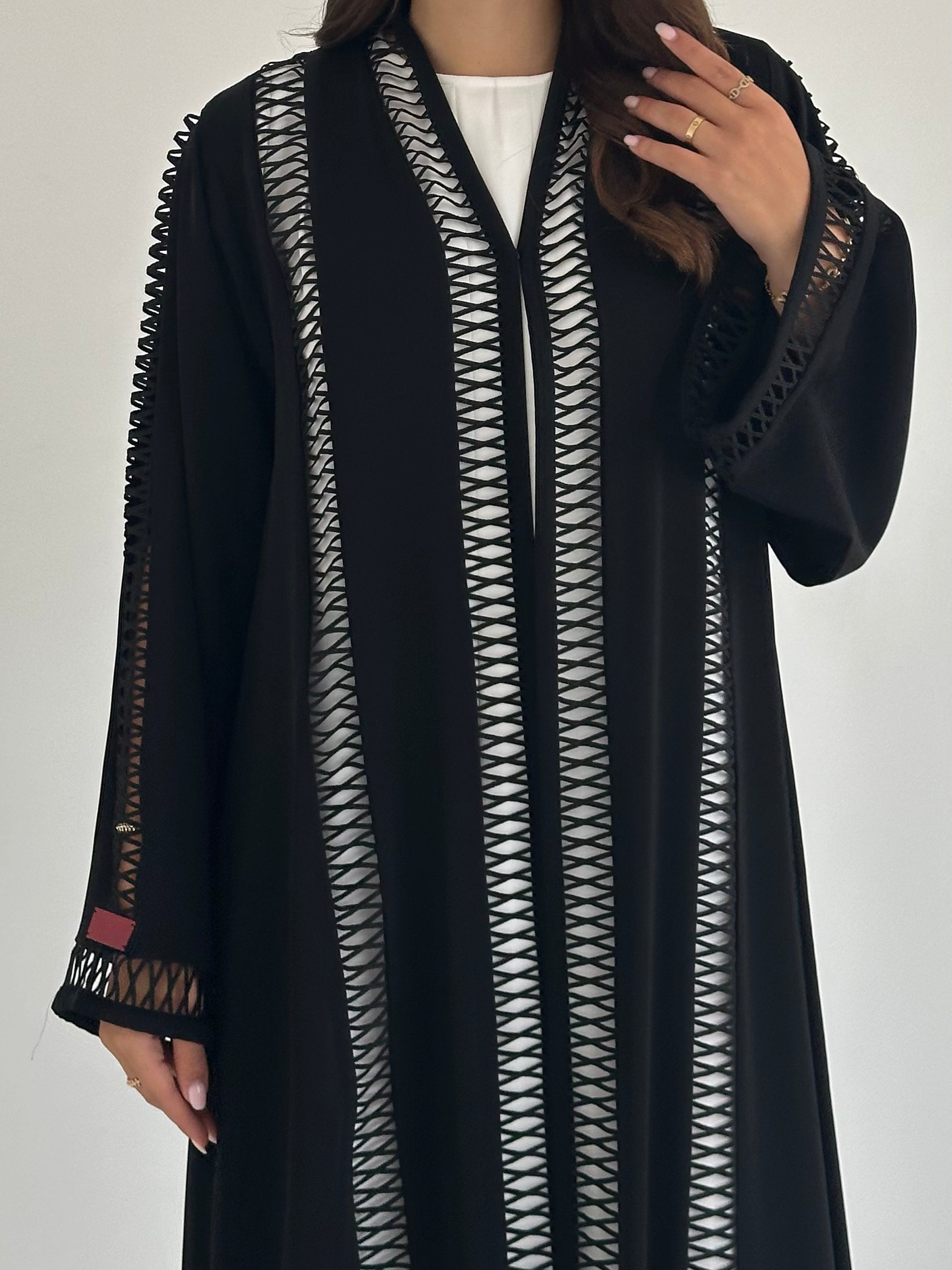 C 2394 Black Criss-Cross Lace Abaya