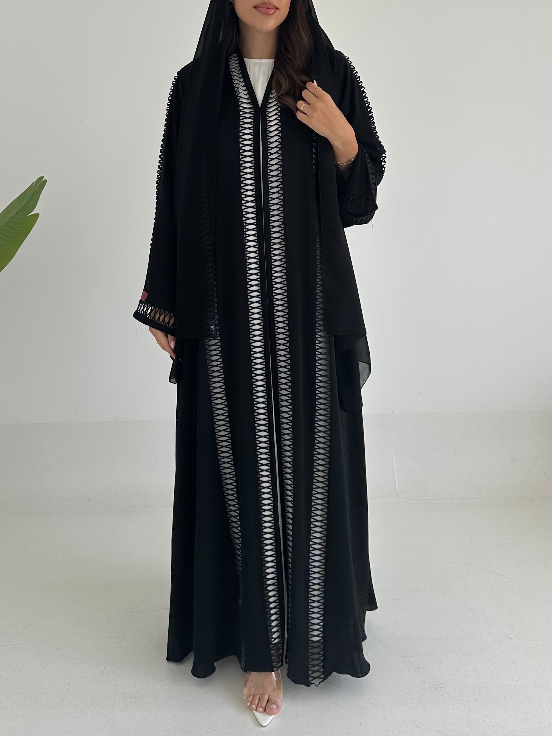 C 2394 Black Criss-Cross Lace Abaya