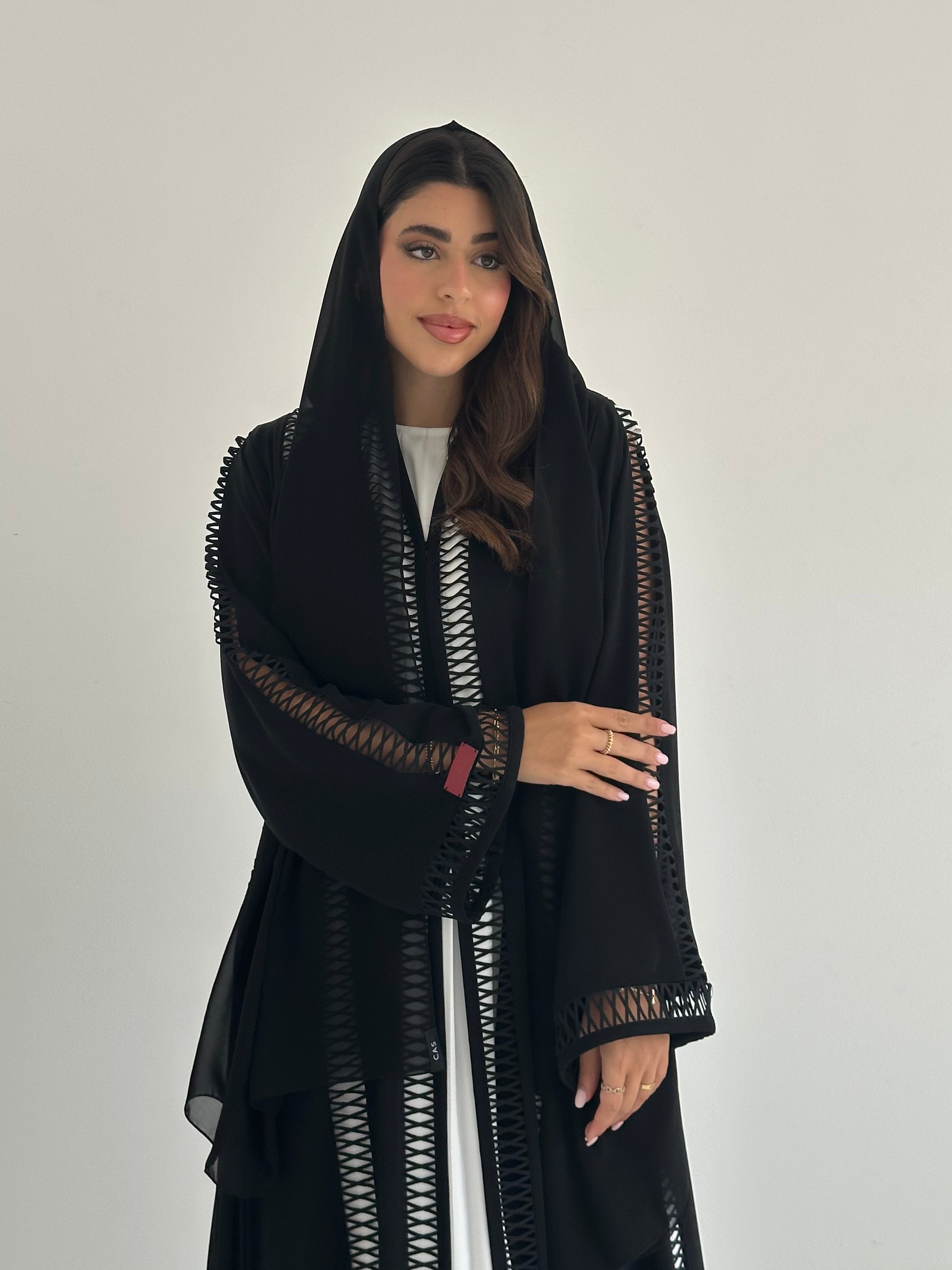 C 2394 Black Criss-Cross Lace Abaya