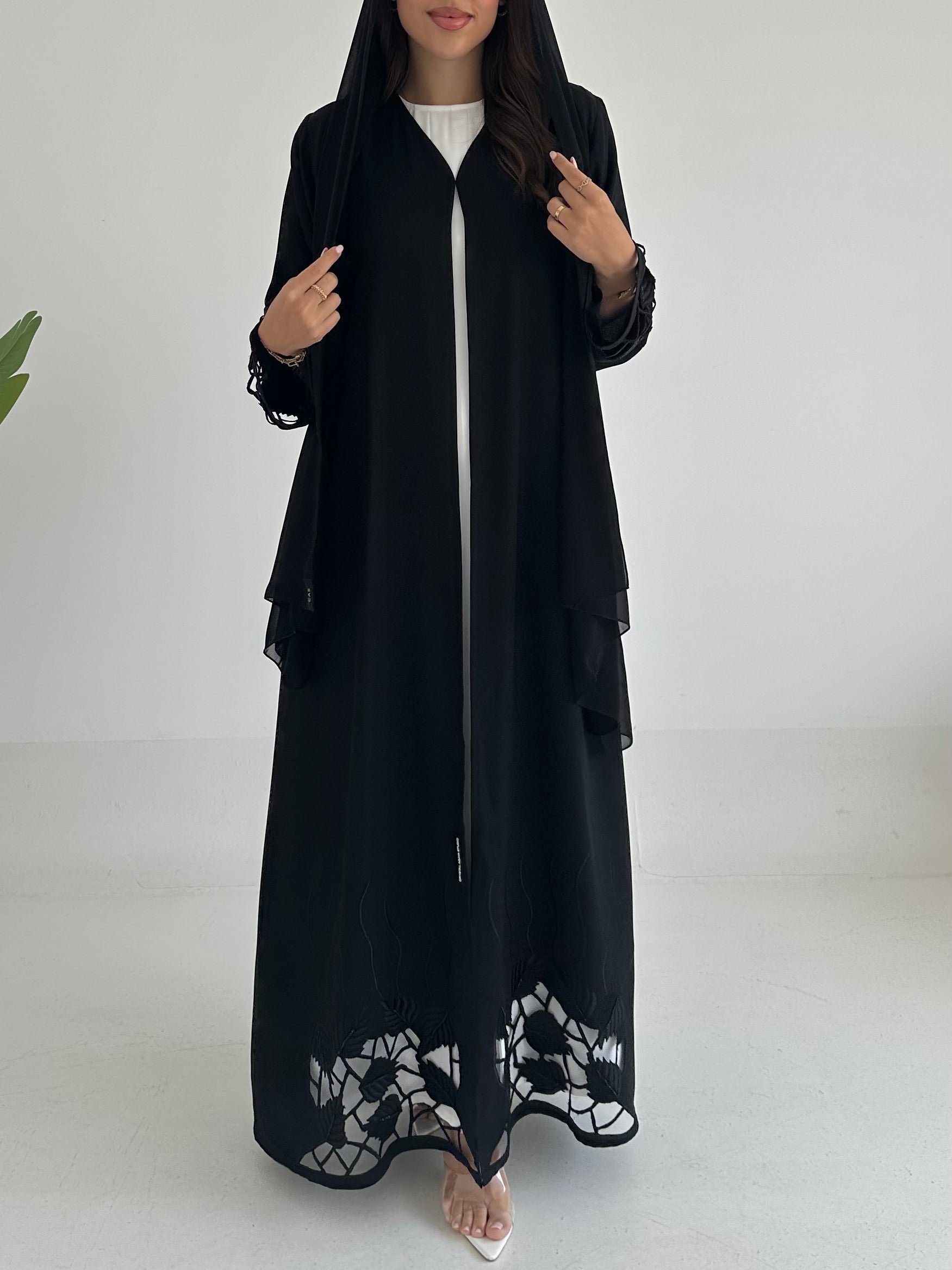 C 2401 Black Beaded Lace Abaya