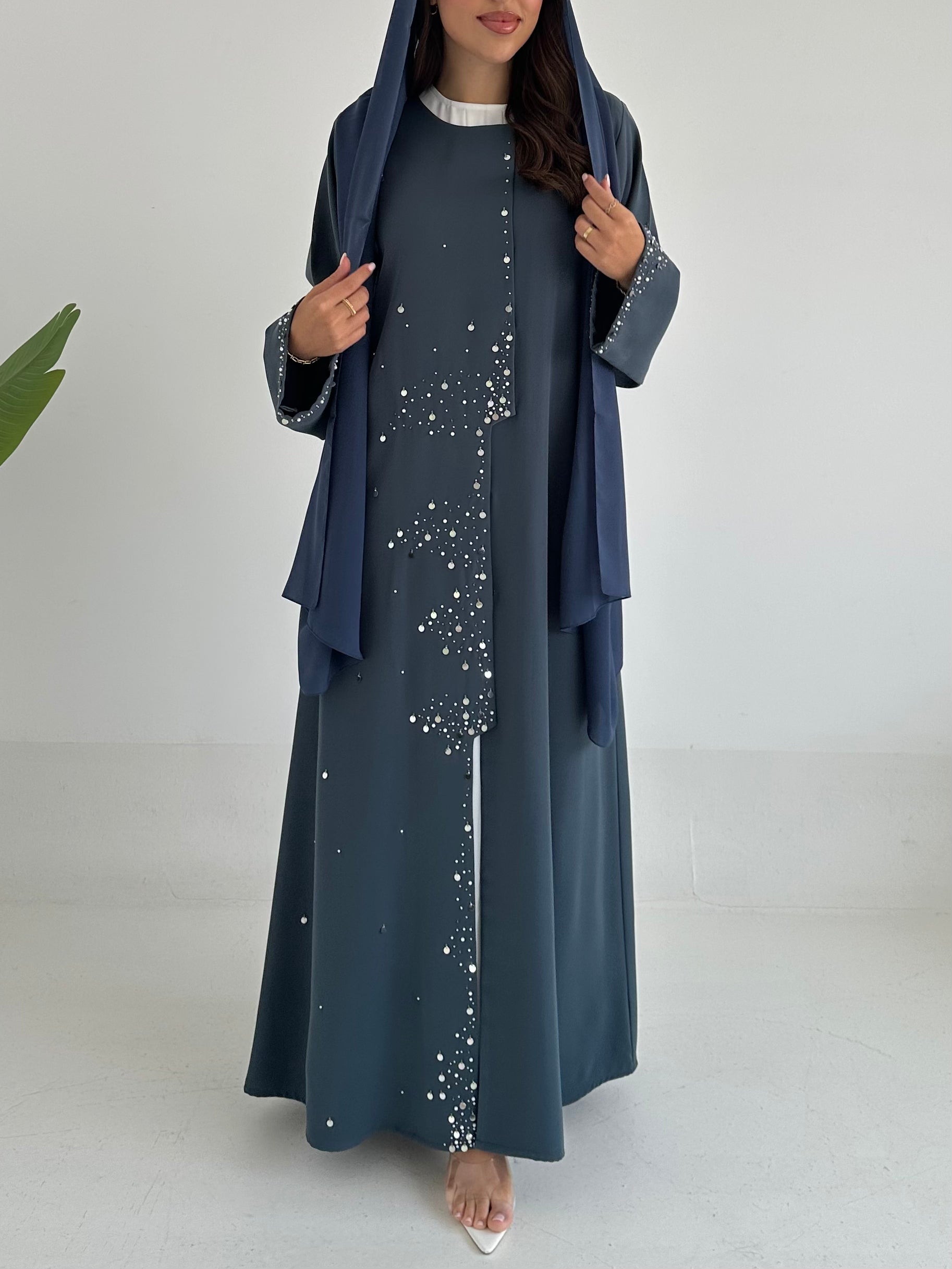 C 2413 Steel Blue Beaded Abaya