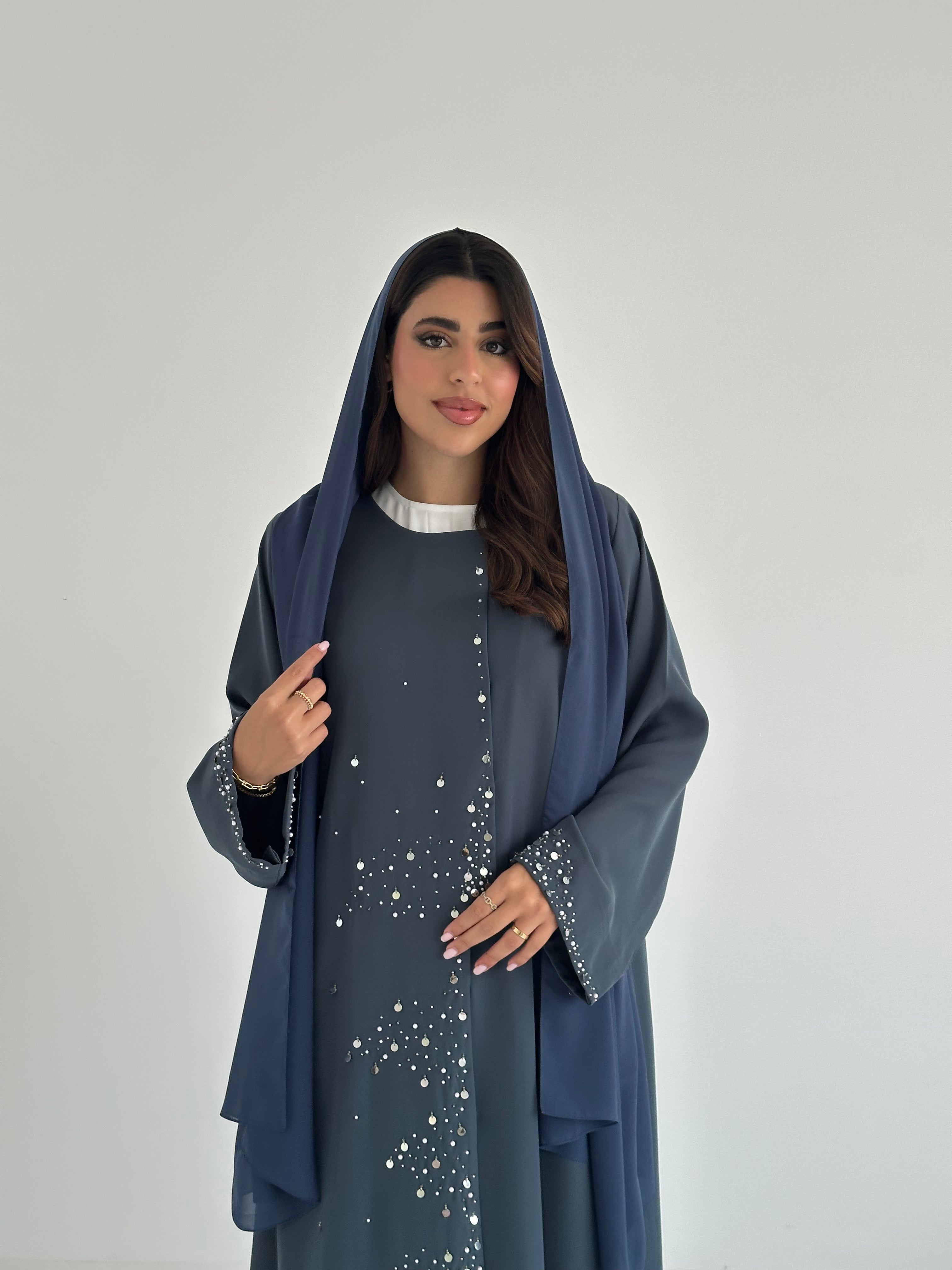 C 2413 Steel Blue Beaded Abaya