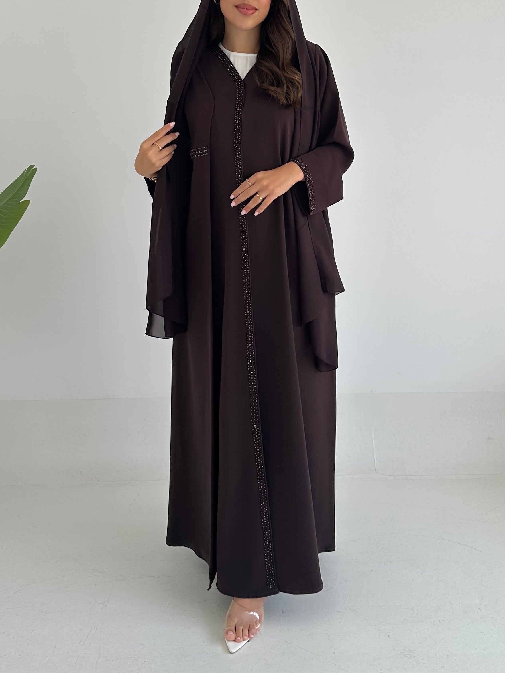 C 2414 Chocolate Brown Beaded Abaya