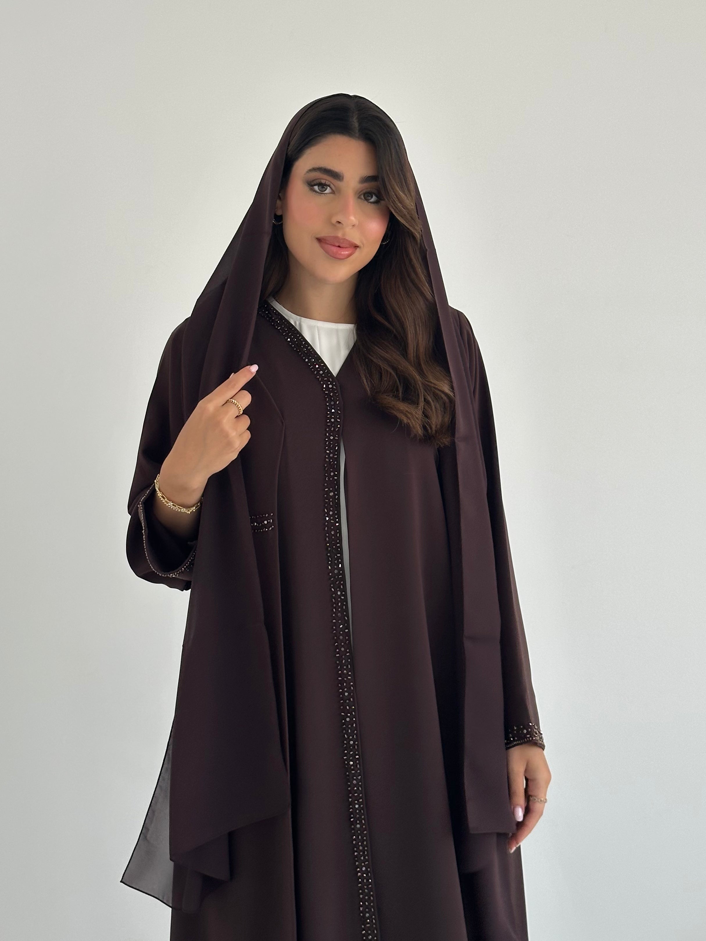C 2414 Chocolate Brown Beaded Abaya