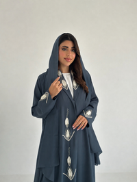 C 2416 Charcoal Blue Beaded Abaya - XS / 50
