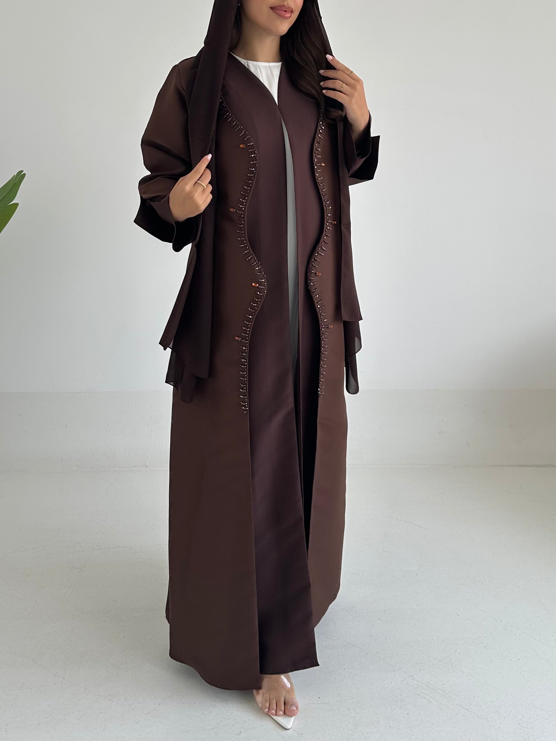 C 2418 Dark Brown Beaded Abaya