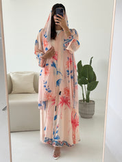 C 2422 Peach Pink Floral Printed Abaya