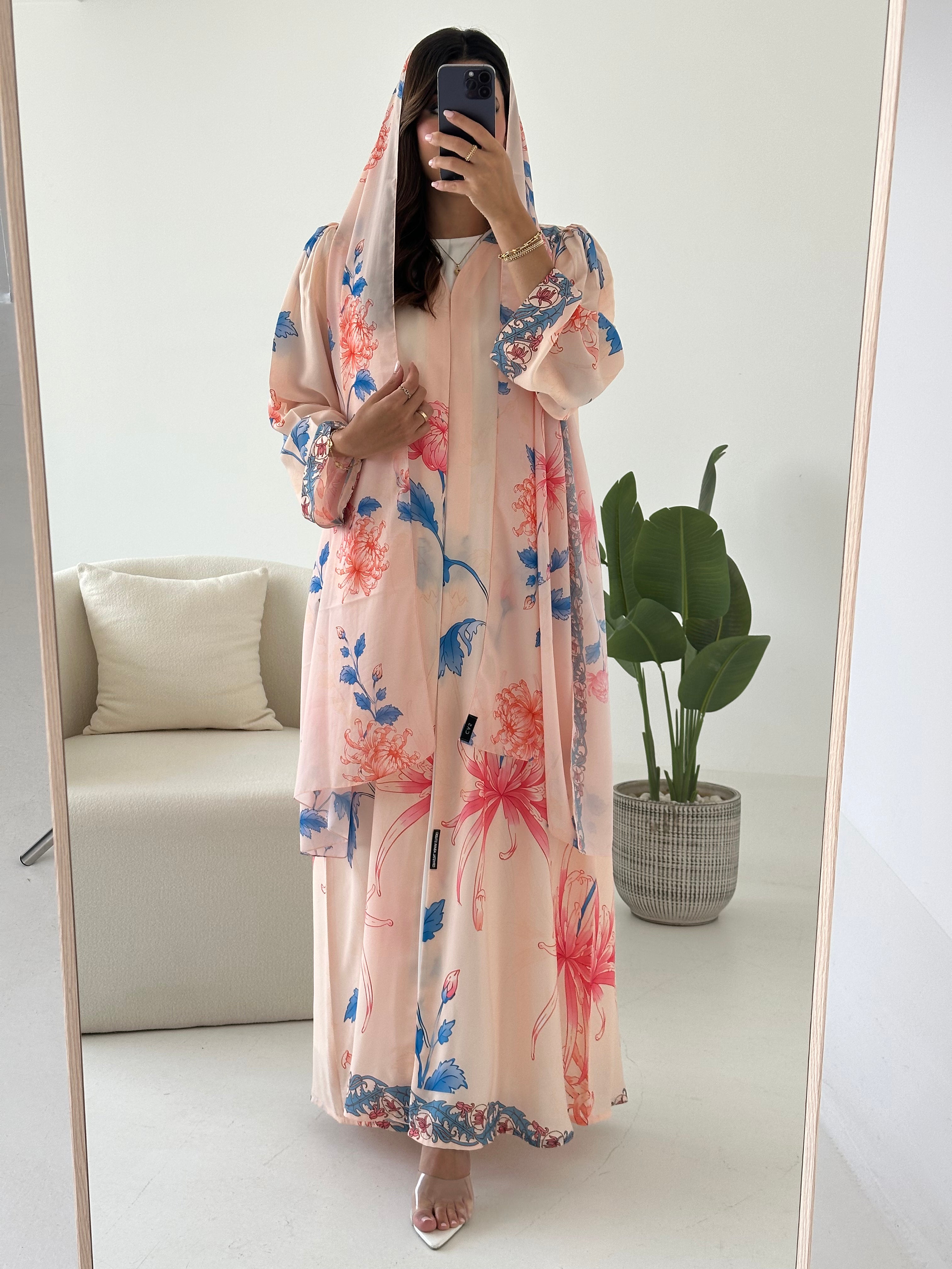C 2422 Peach Pink Floral Printed Abaya