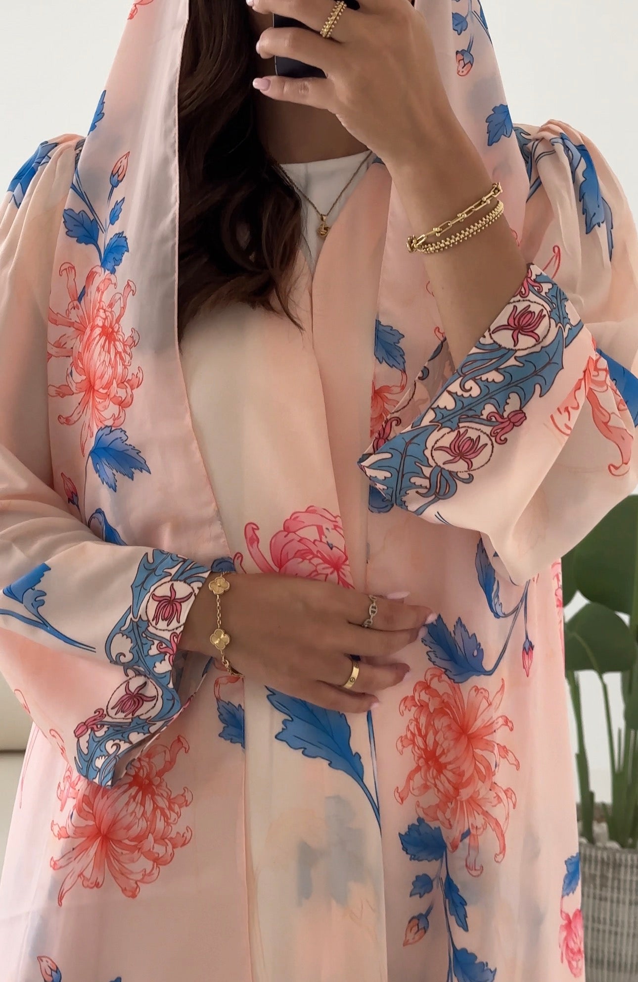 C 2422 Peach Pink Floral Printed Abaya