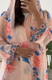 C 2422 Peach Pink Floral Printed Abaya