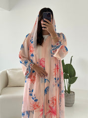 C 2422 Peach Pink Floral Printed Abaya