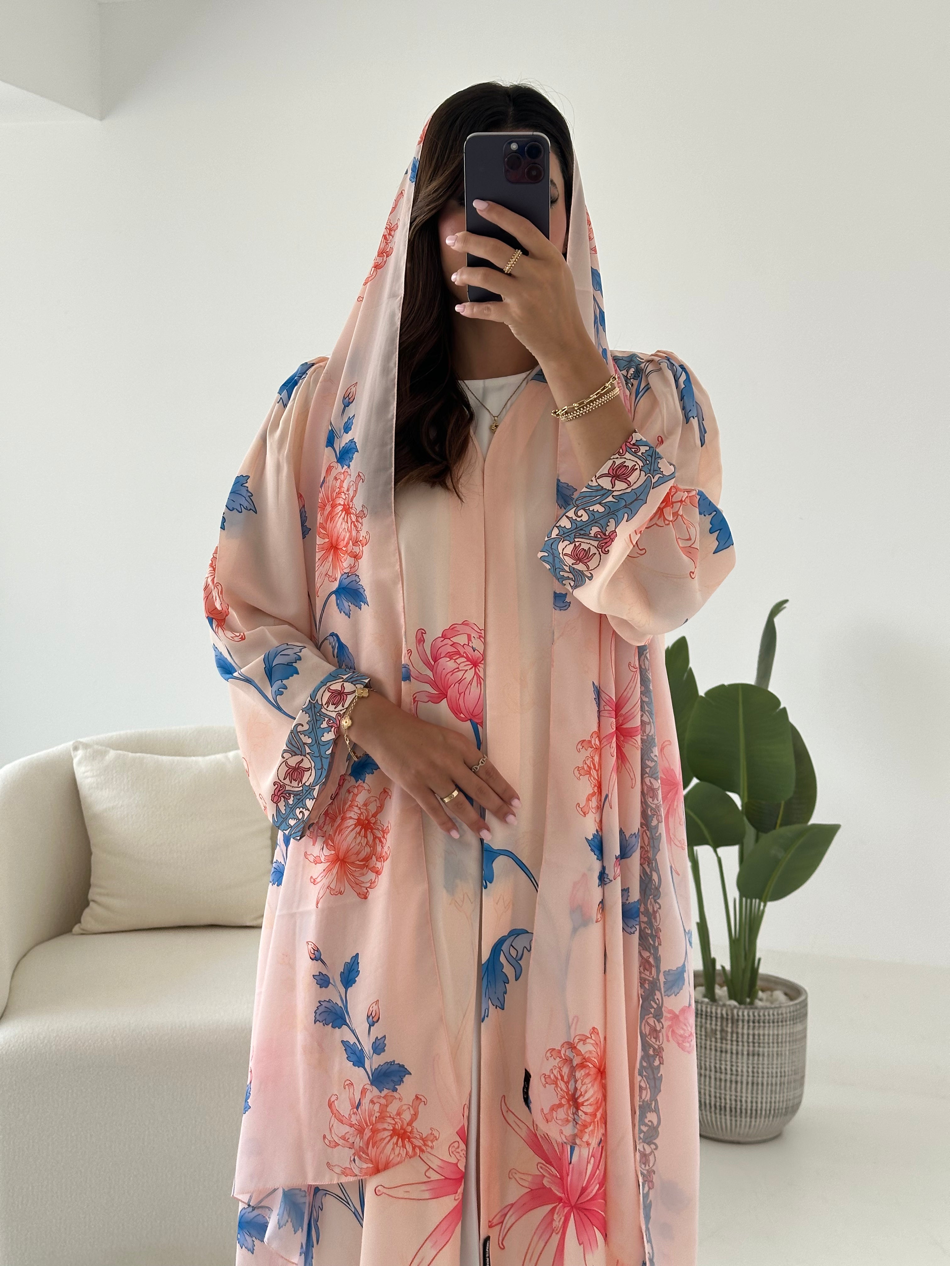C 2422 Peach Pink Floral Printed Abaya