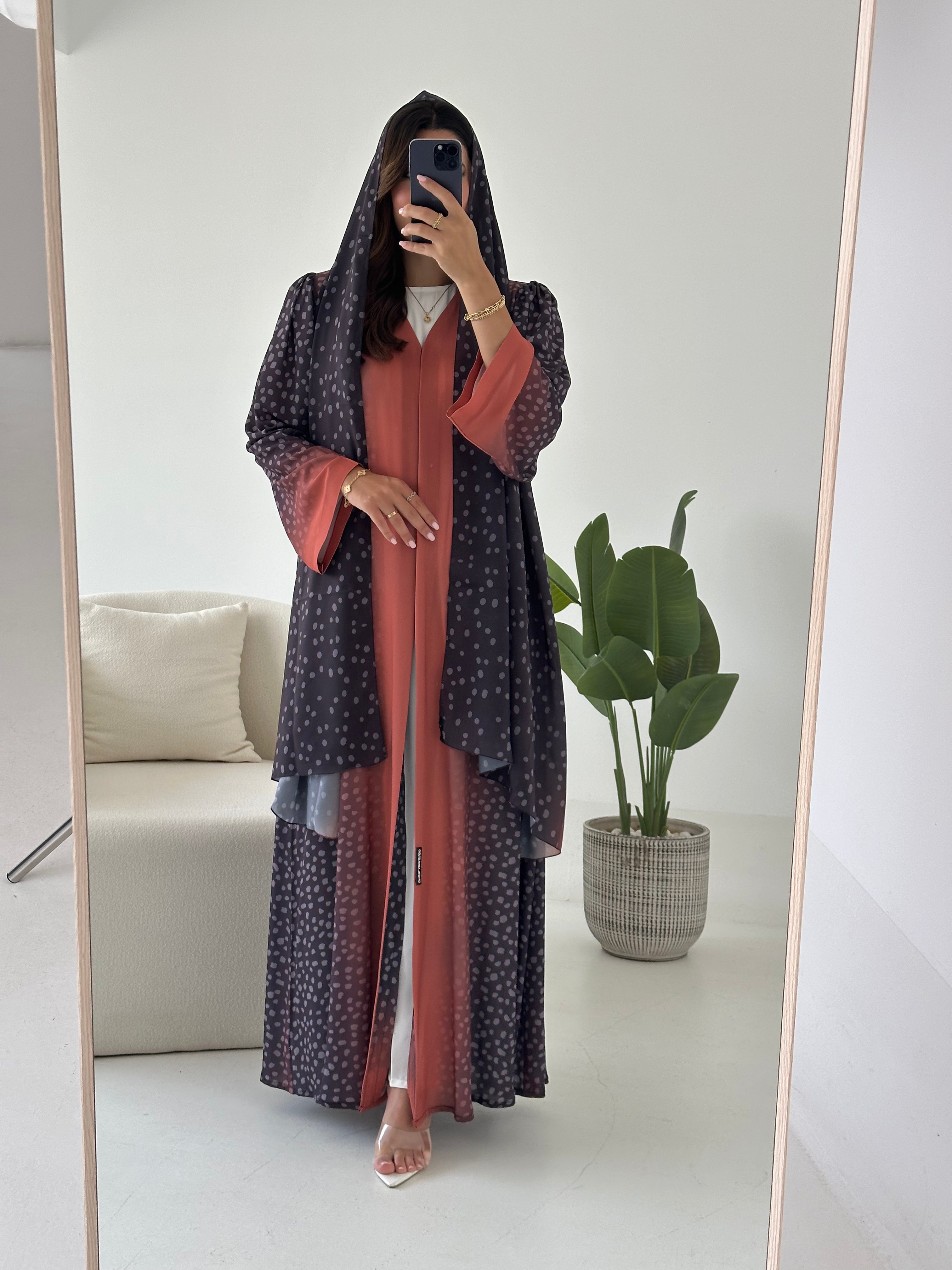 C 2426 Orange Polka Printed Abaya