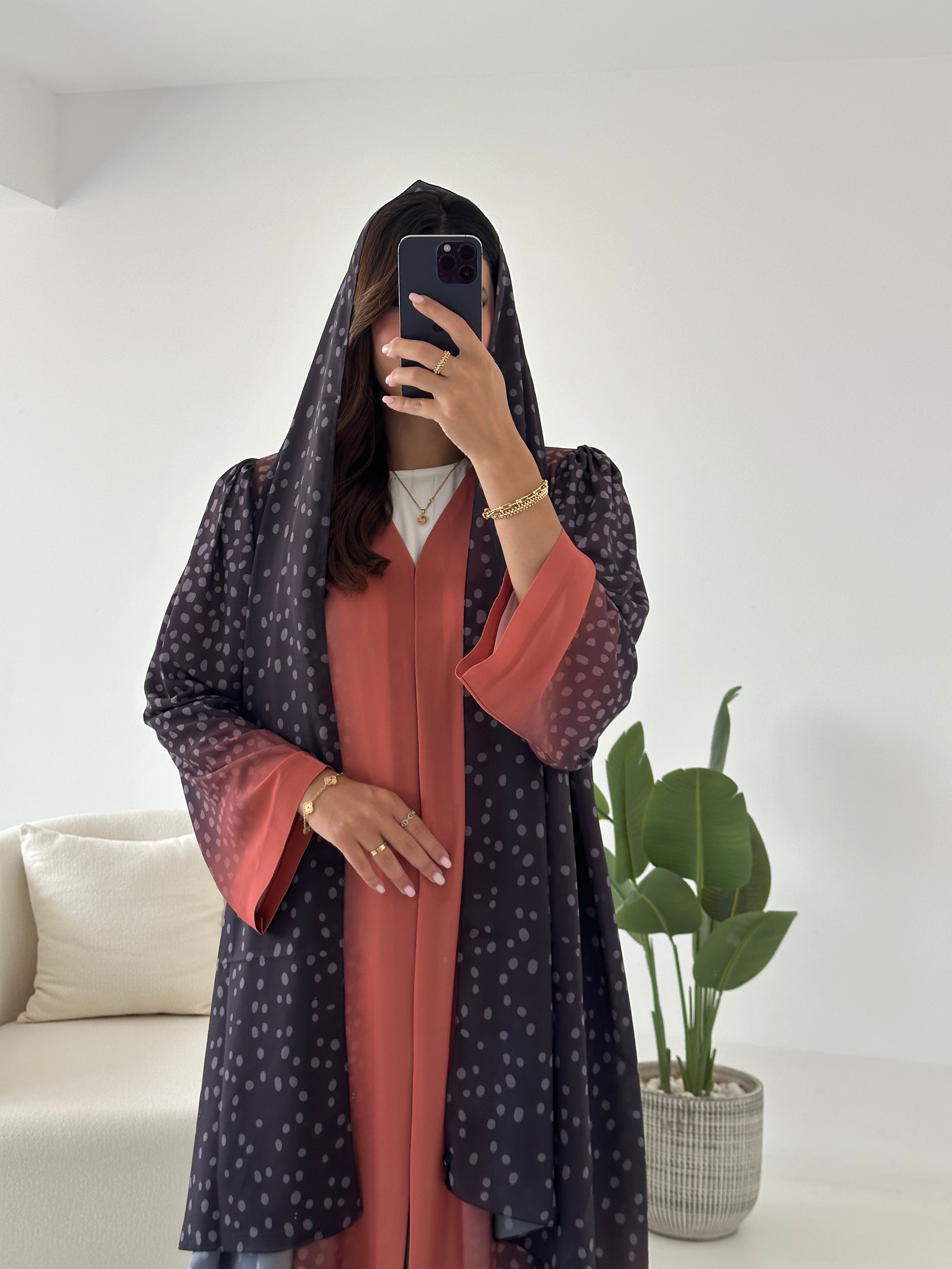 C 2426 Orange Polka Printed Abaya