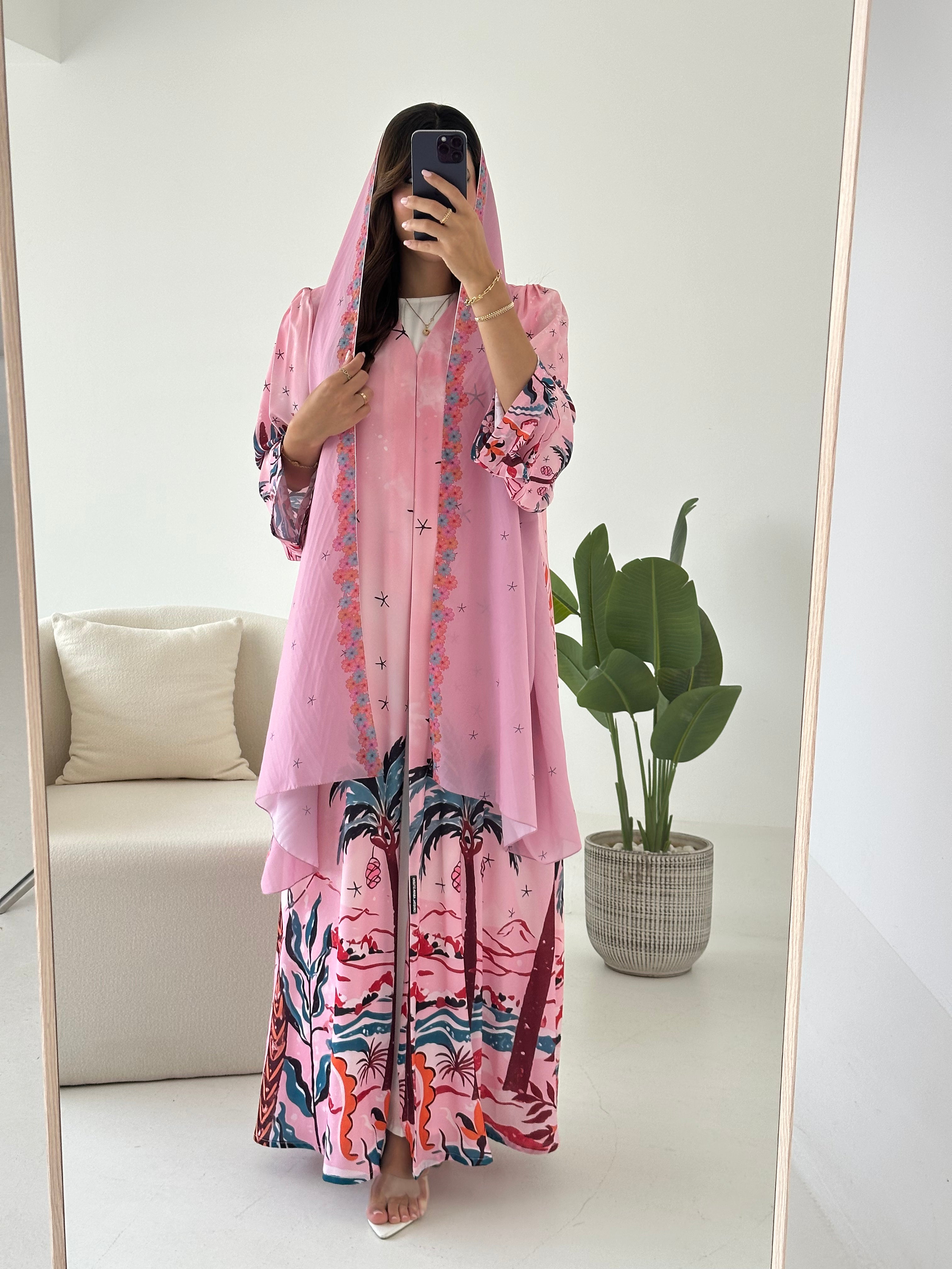 C 2427 Pink Tropical Printed Abaya