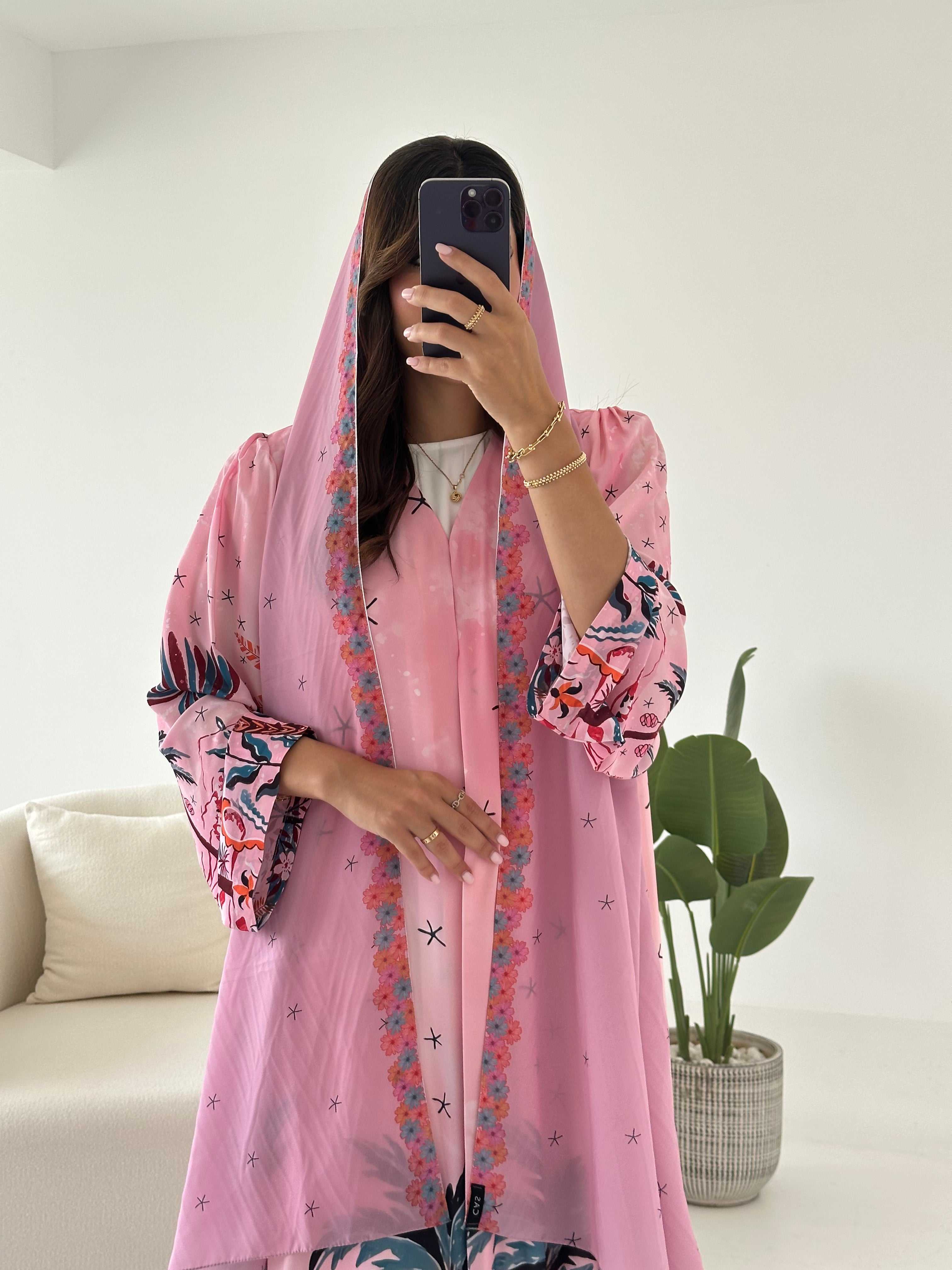 C 2427 Pink Tropical Printed Abaya