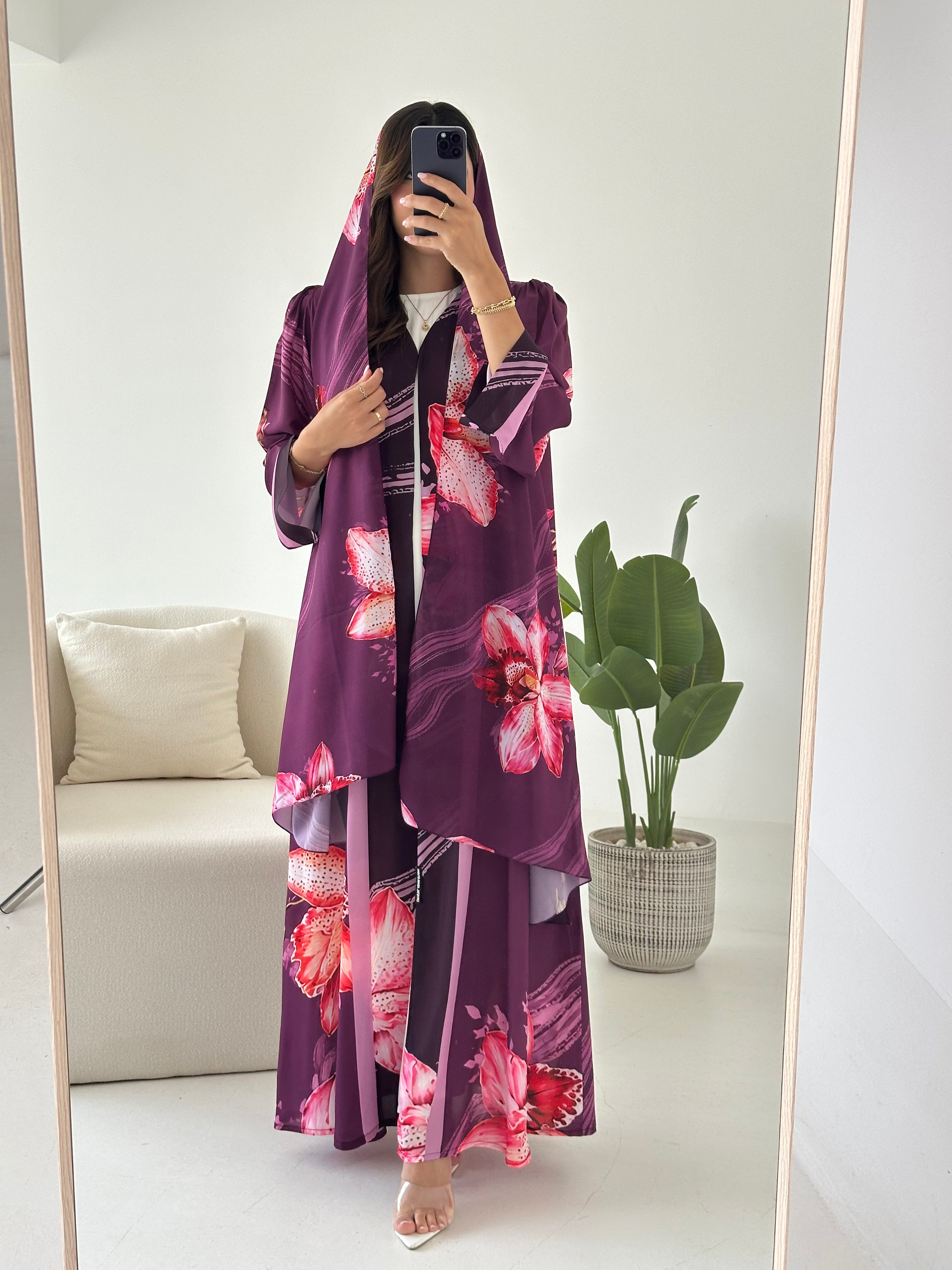 C 2428 Plum Floral Printed Abaya