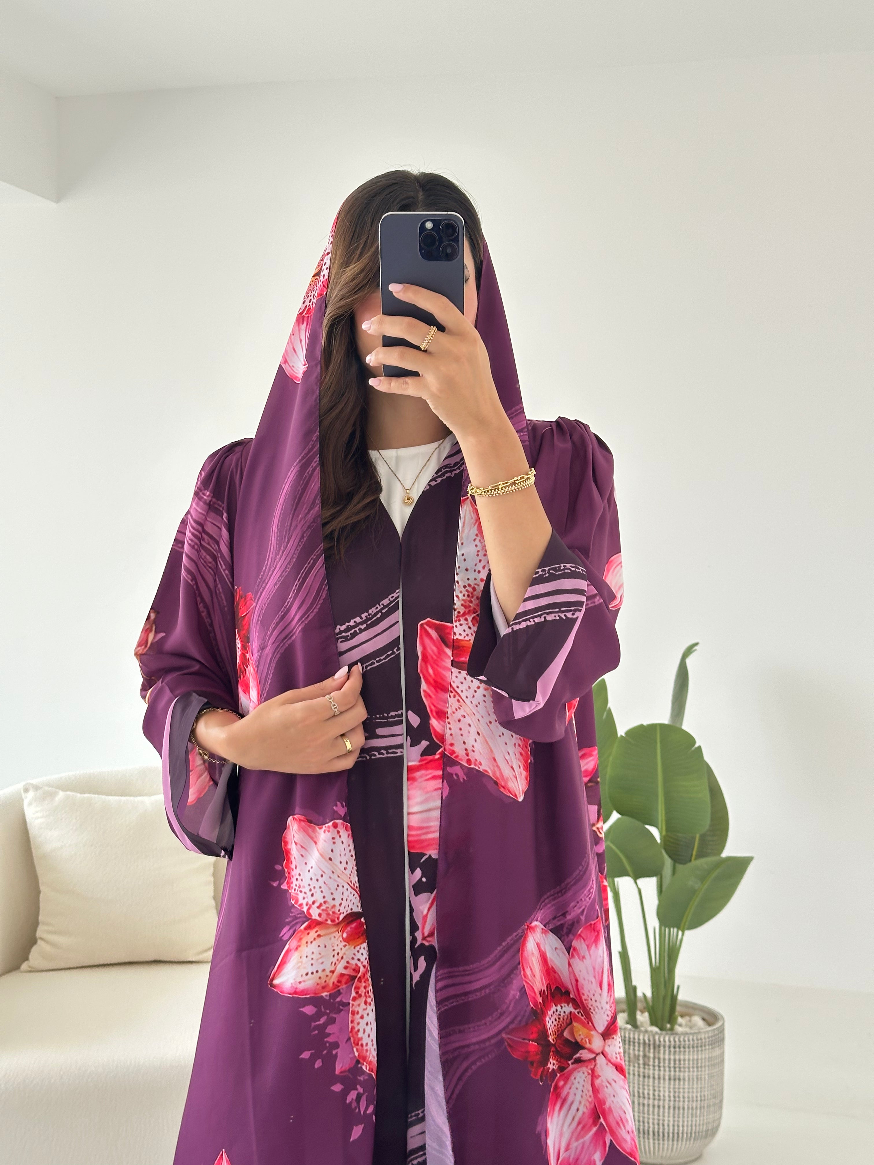 C 2428 Plum Floral Printed Abaya