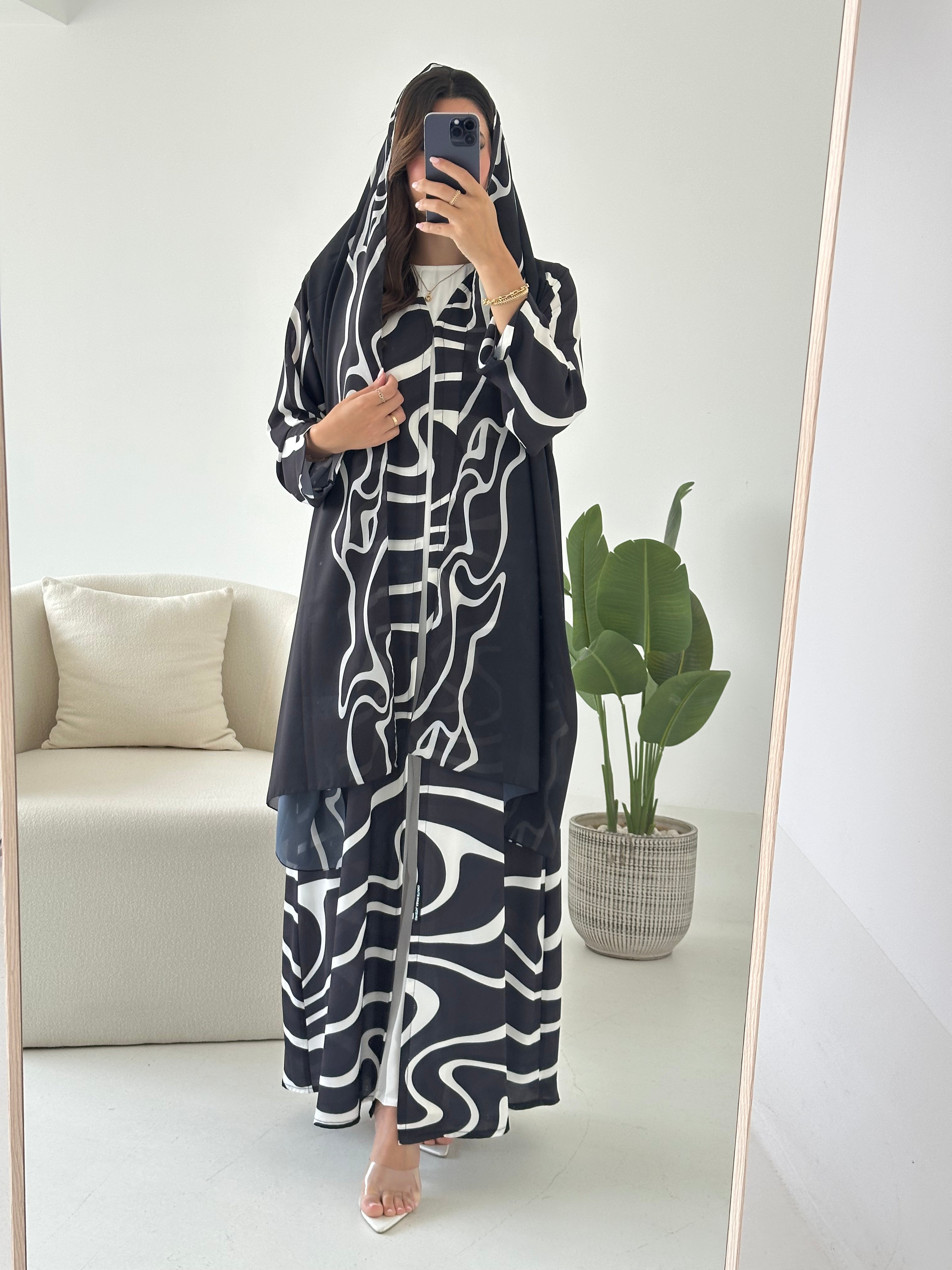 C 2430 Black White Printed Abaya