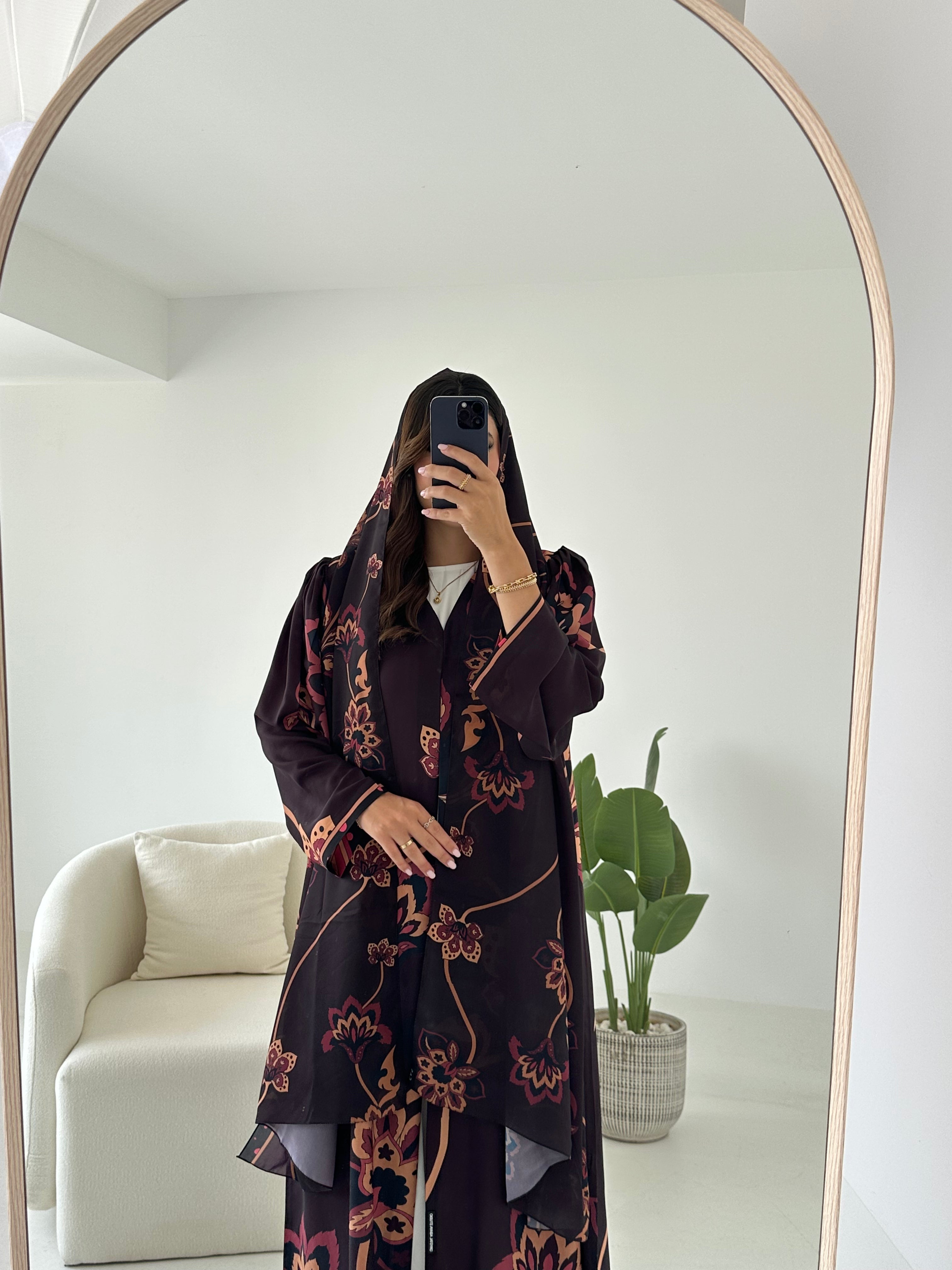 C 2431 Brown Saffron Floral Printed Abaya