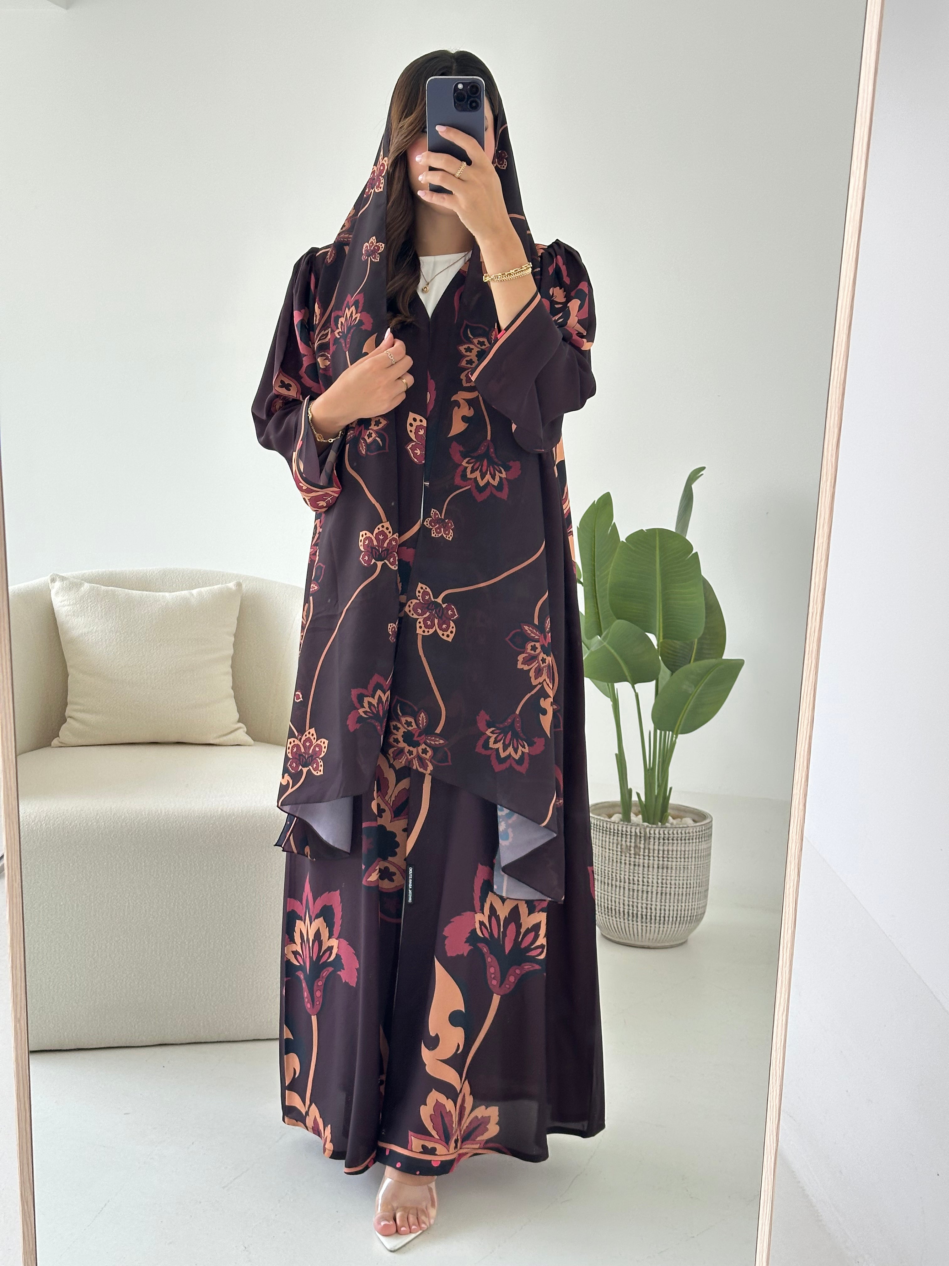 C 2431 Brown Saffron Floral Printed Abaya