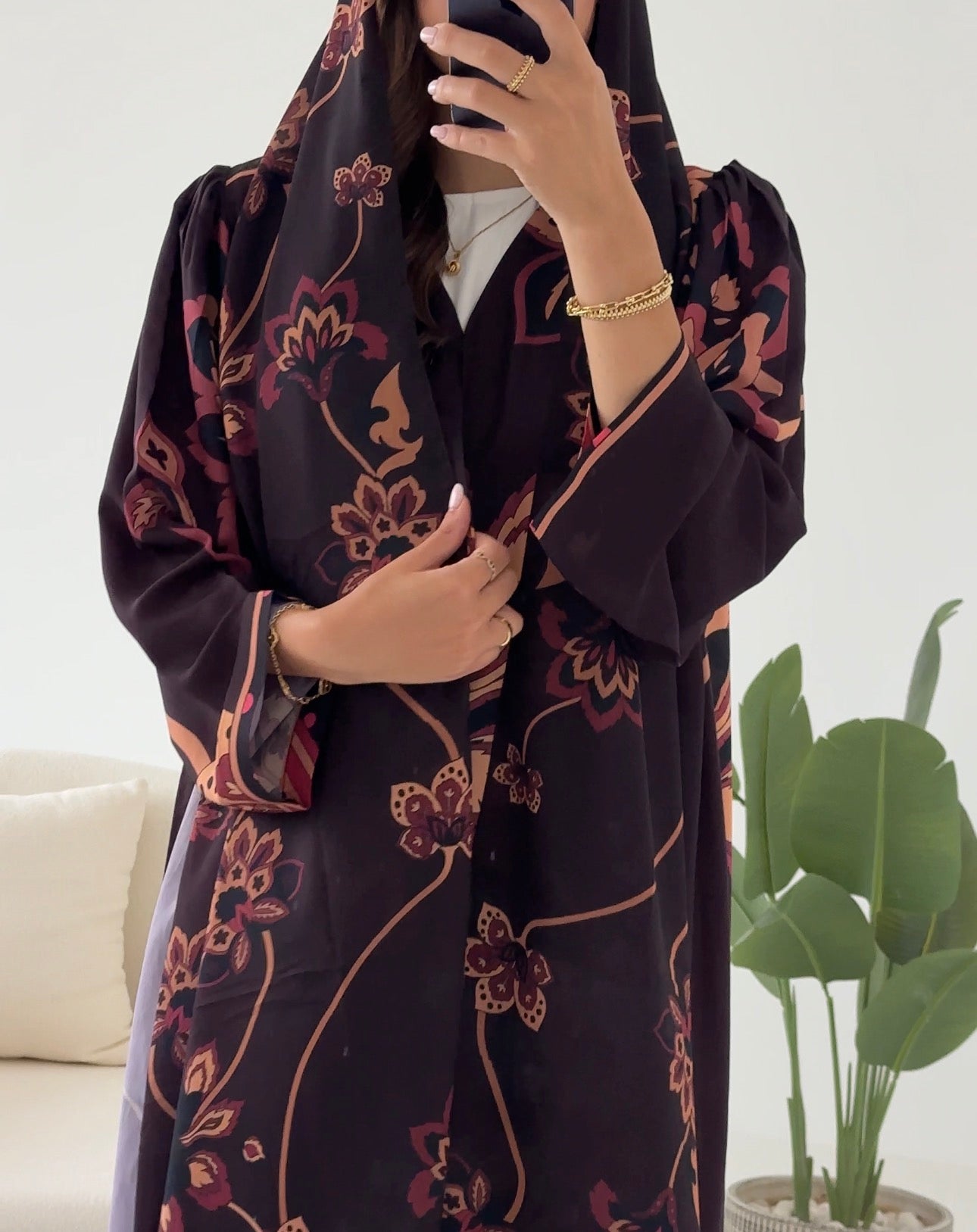 C 2431 Brown Saffron Floral Printed Abaya