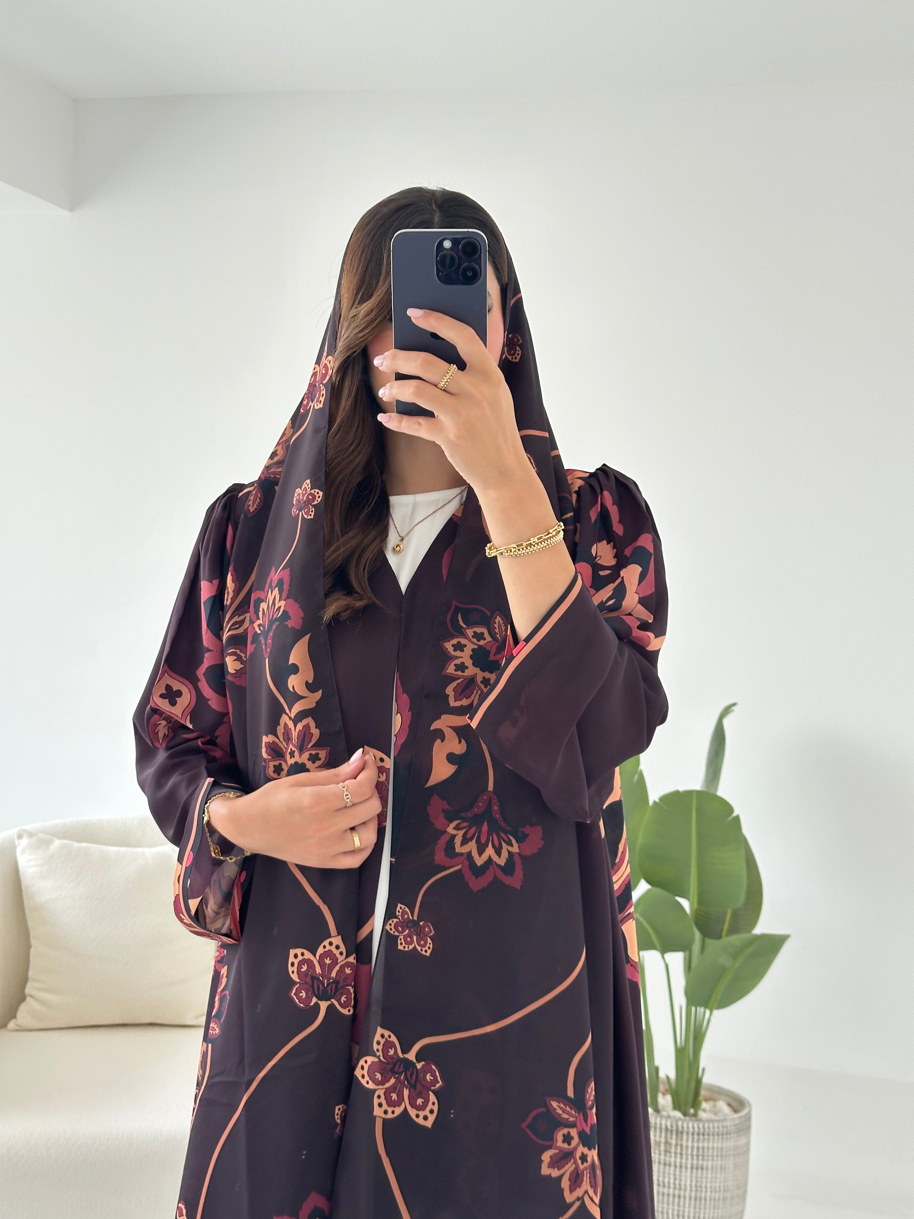 C 2431 Brown Saffron Floral Printed Abaya