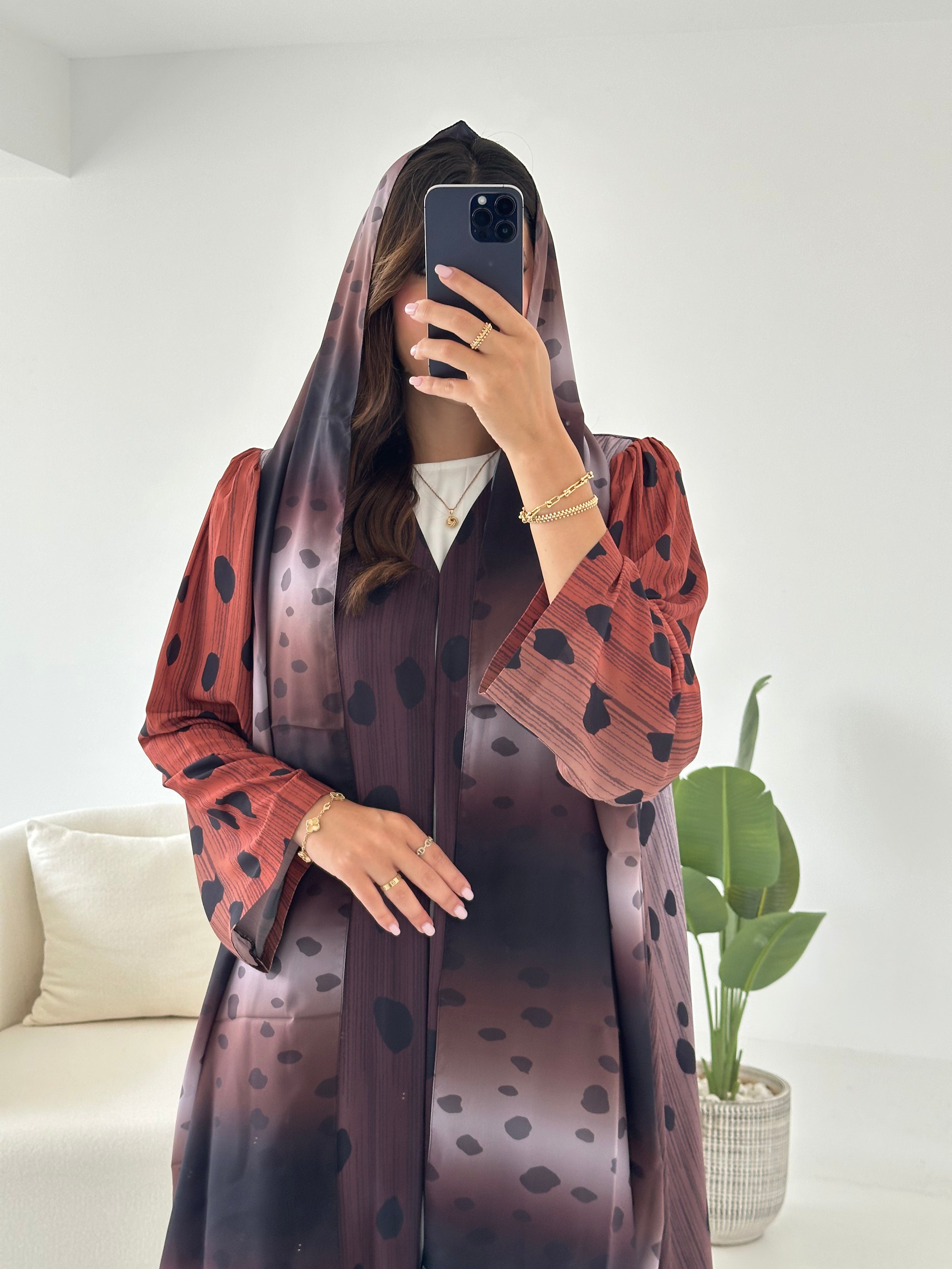 C 2432 Terracotta Polka Printed Abaya