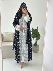 C 2433 Black Polka Printed Lace Abaya
