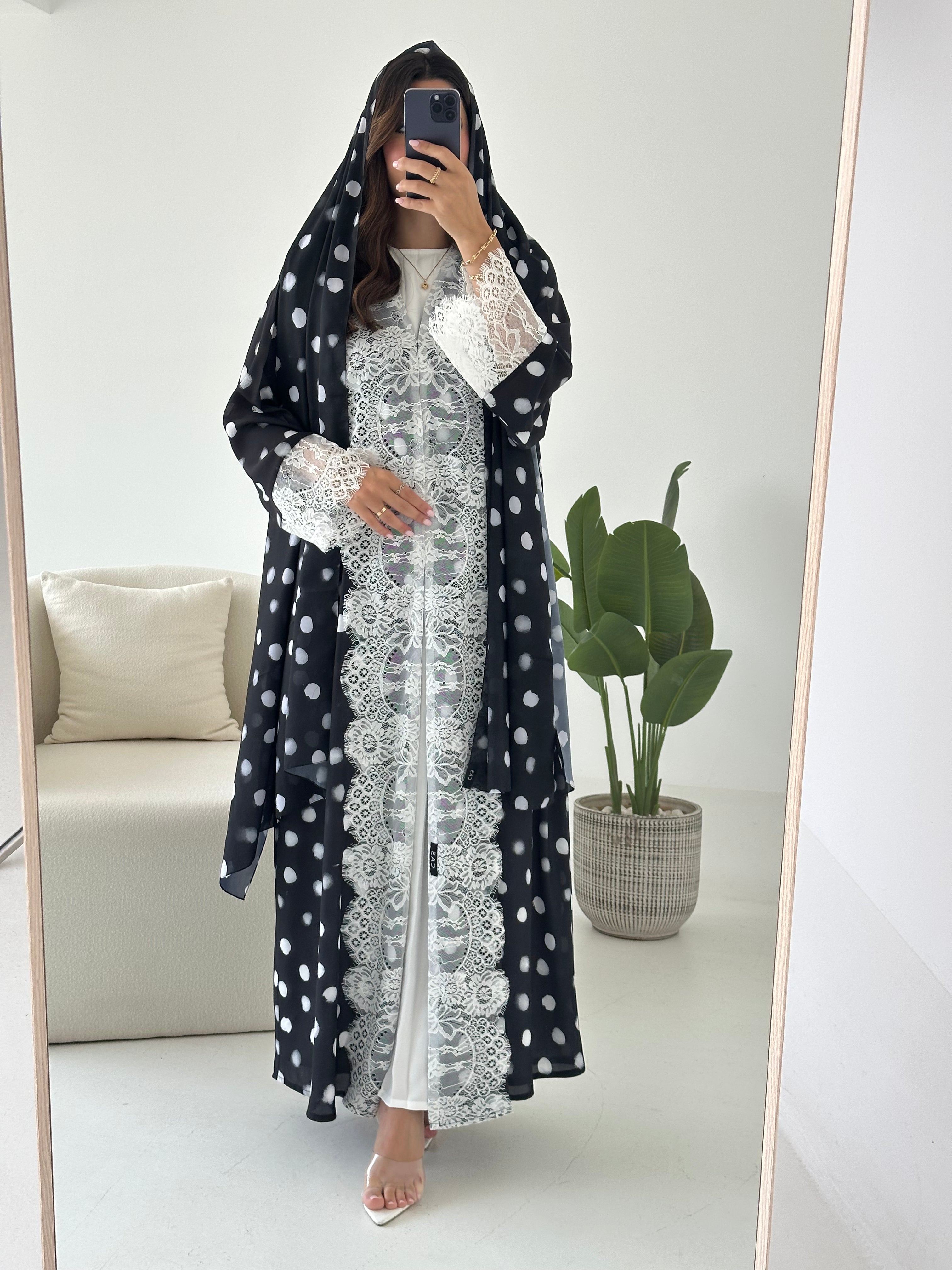 C 2433 Black Polka Printed Lace Abaya