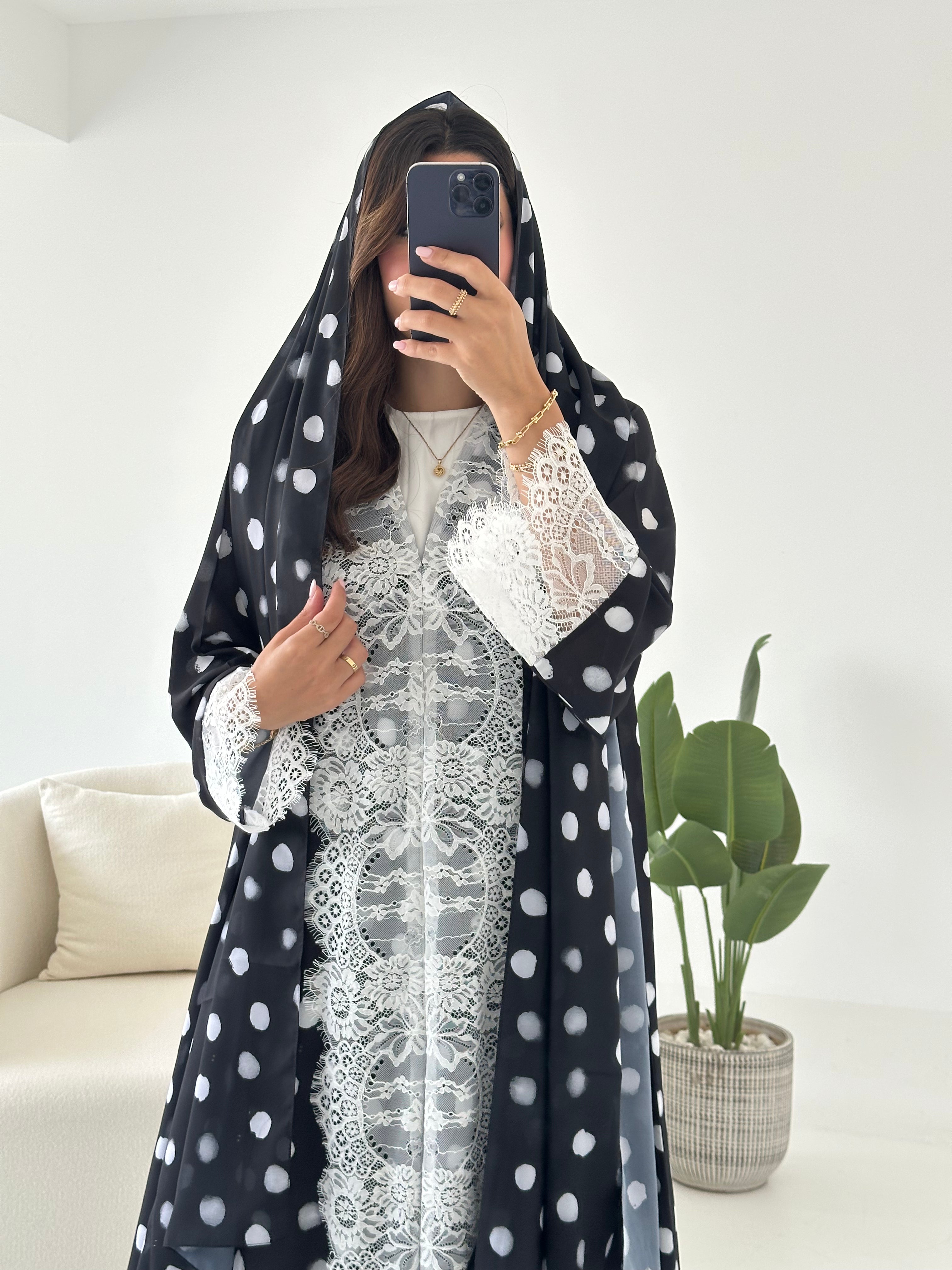 C 2433 Black Polka Printed Lace Abaya