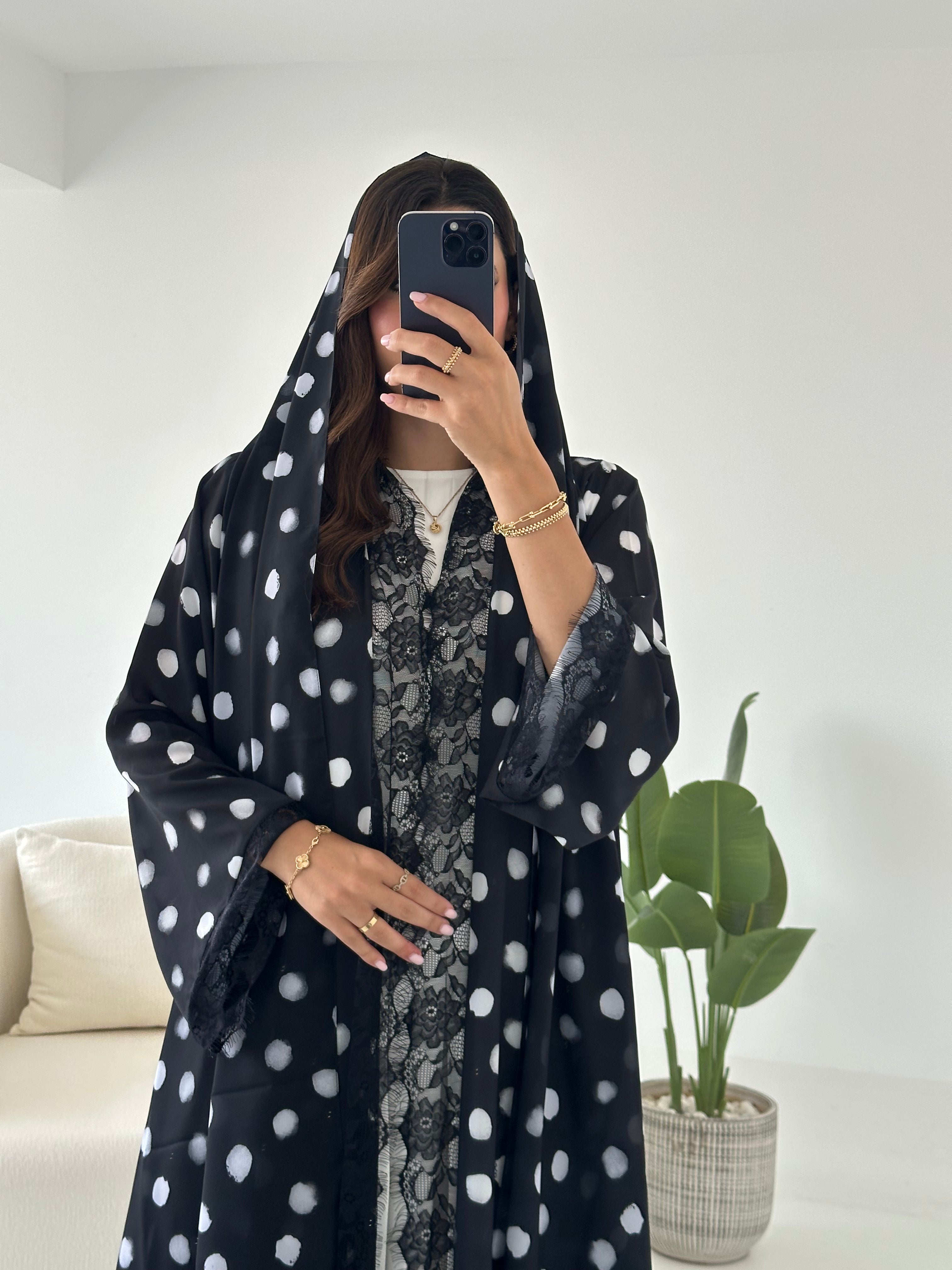 C 2434 Black Polka Printed Lace Abaya