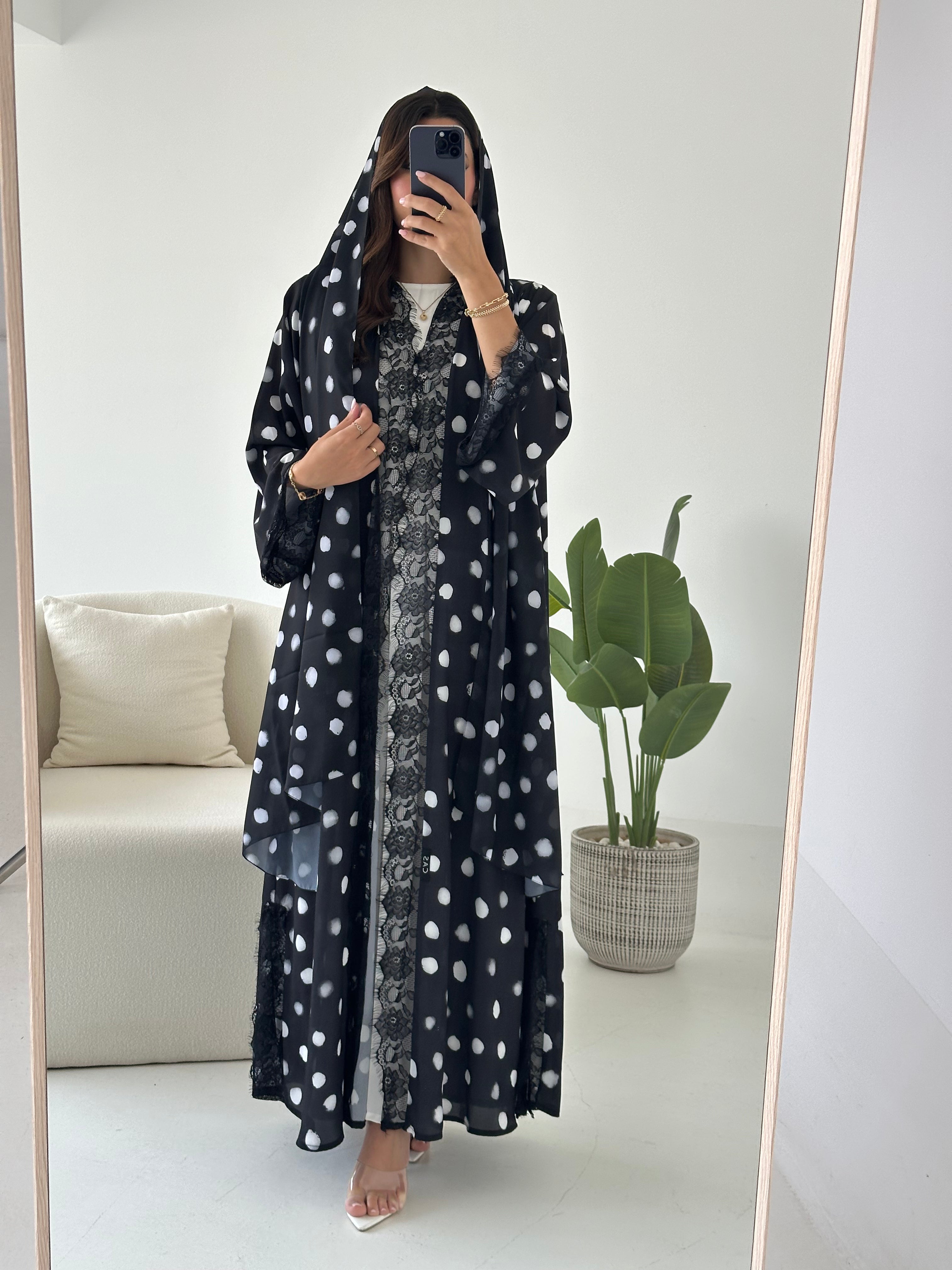 C 2434 Black Polka Printed Lace Abaya