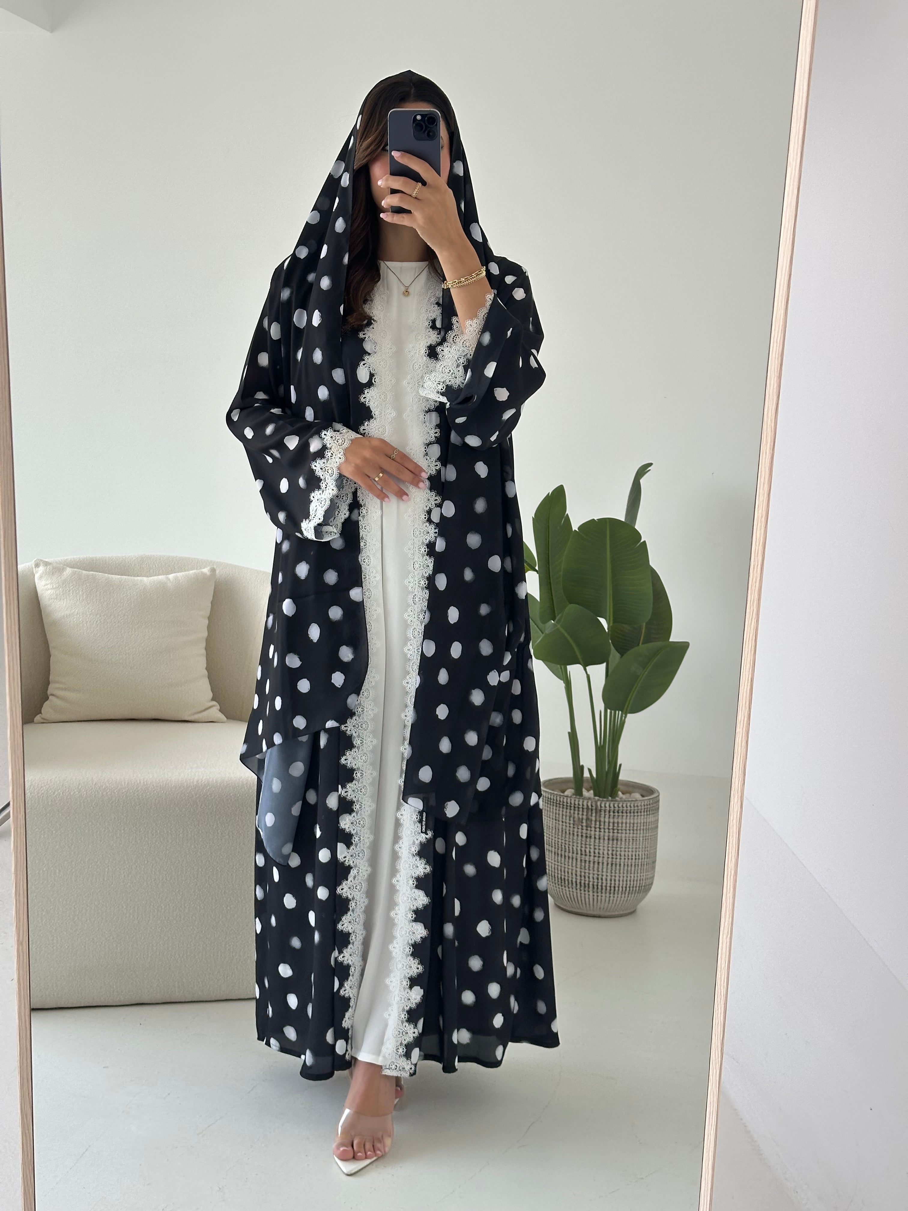 C 2435 Black Polka Printed Lace Abaya