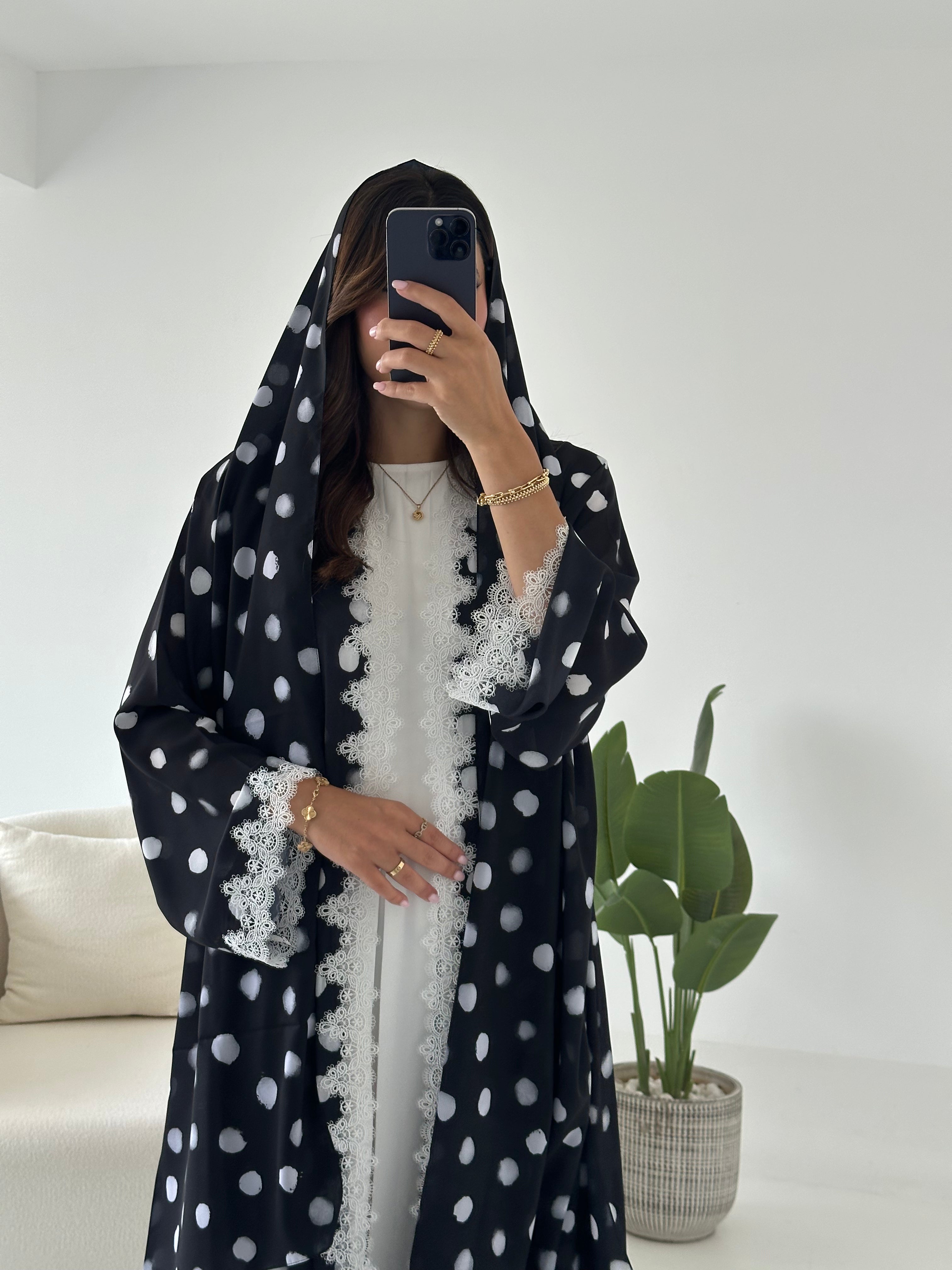 C 2435 Black Polka Printed Lace Abaya