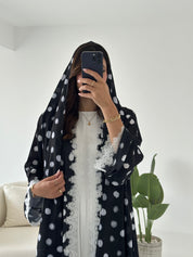 C 2435 Black Polka Printed Lace Abaya