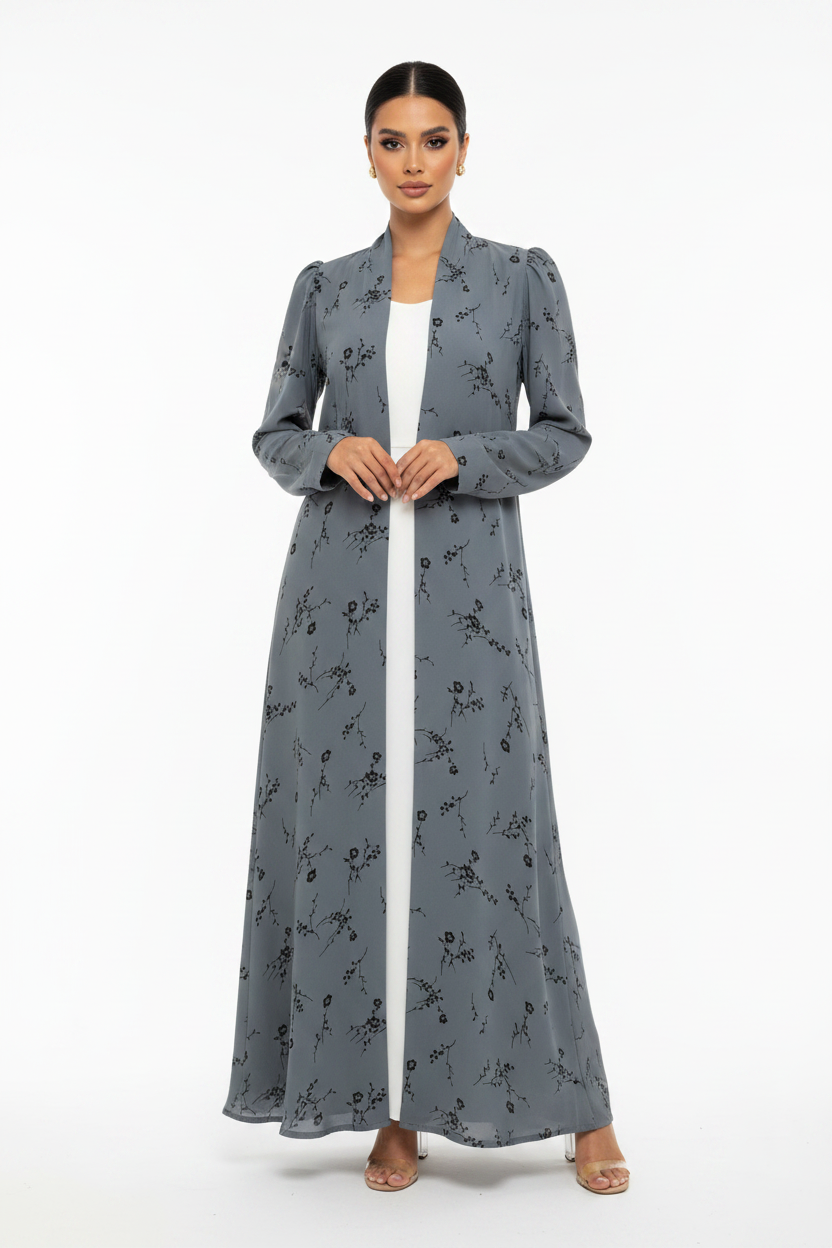 C 2436-02 Dim Grey Floral Printed Abaya