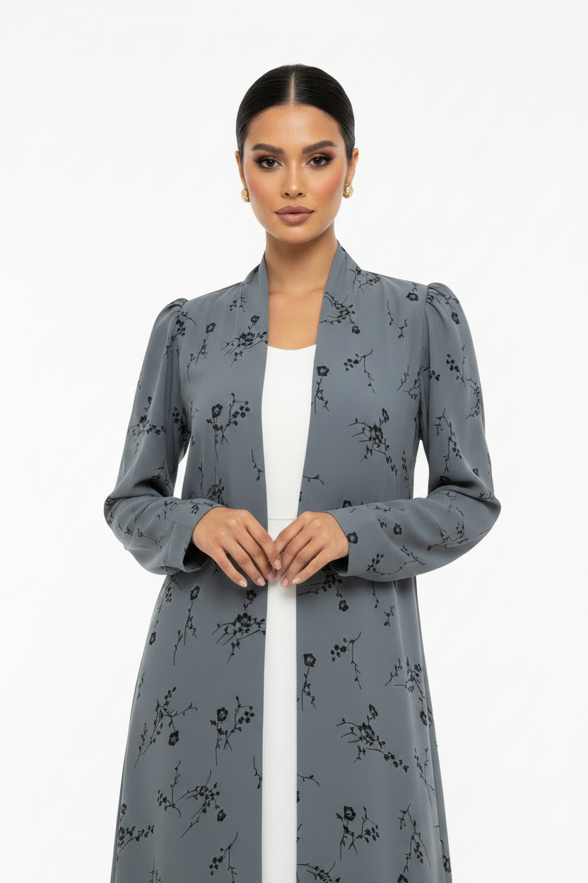 C 2436-02 Dim Grey Floral Printed Abaya
