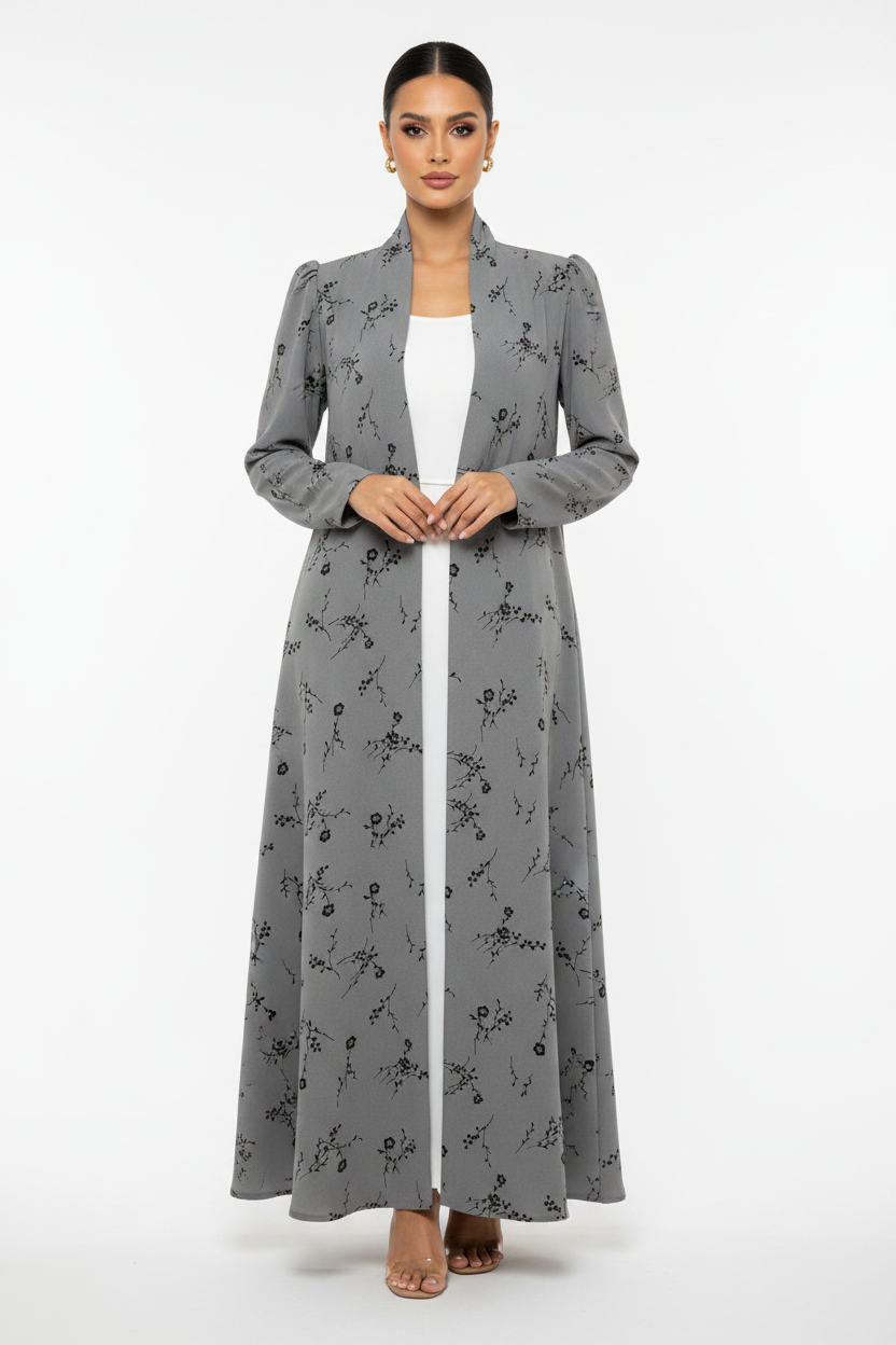 C 2436 Light Grey Floral Printed Abaya