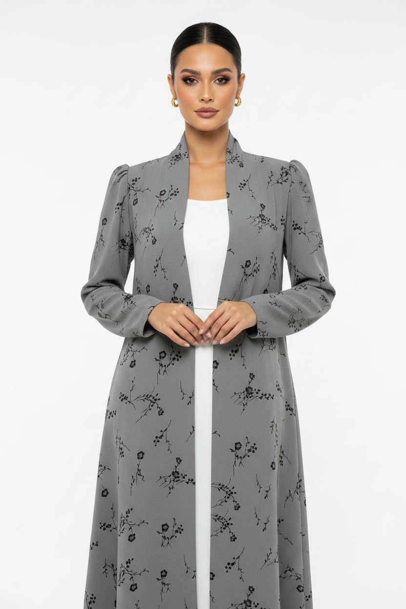 C 2436 Light Grey Floral Printed Abaya