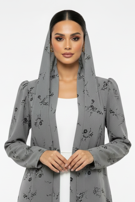 C 2436 Light Grey Floral Printed Abaya