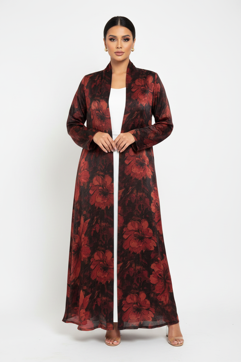 C 2437-02 Bright Red Floral Abaya