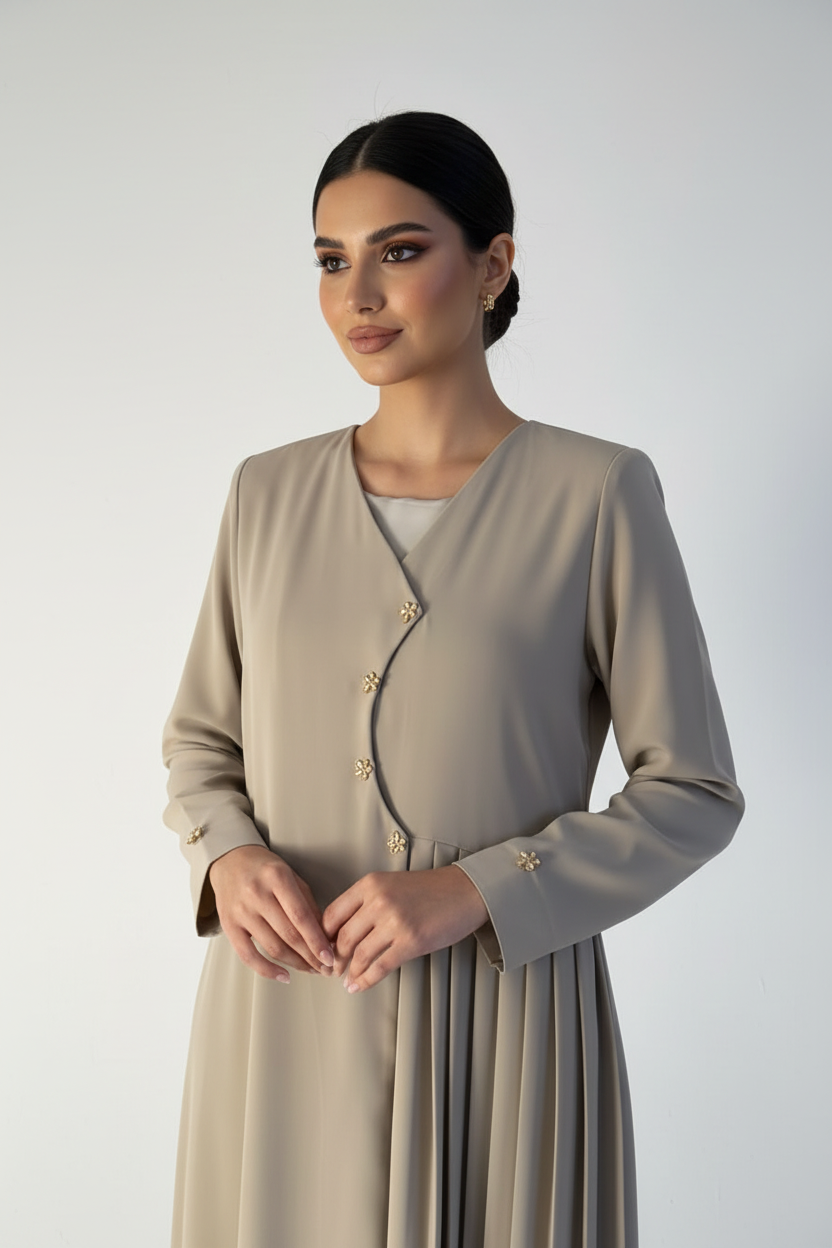 C 2462 Beige Pleated Abaya