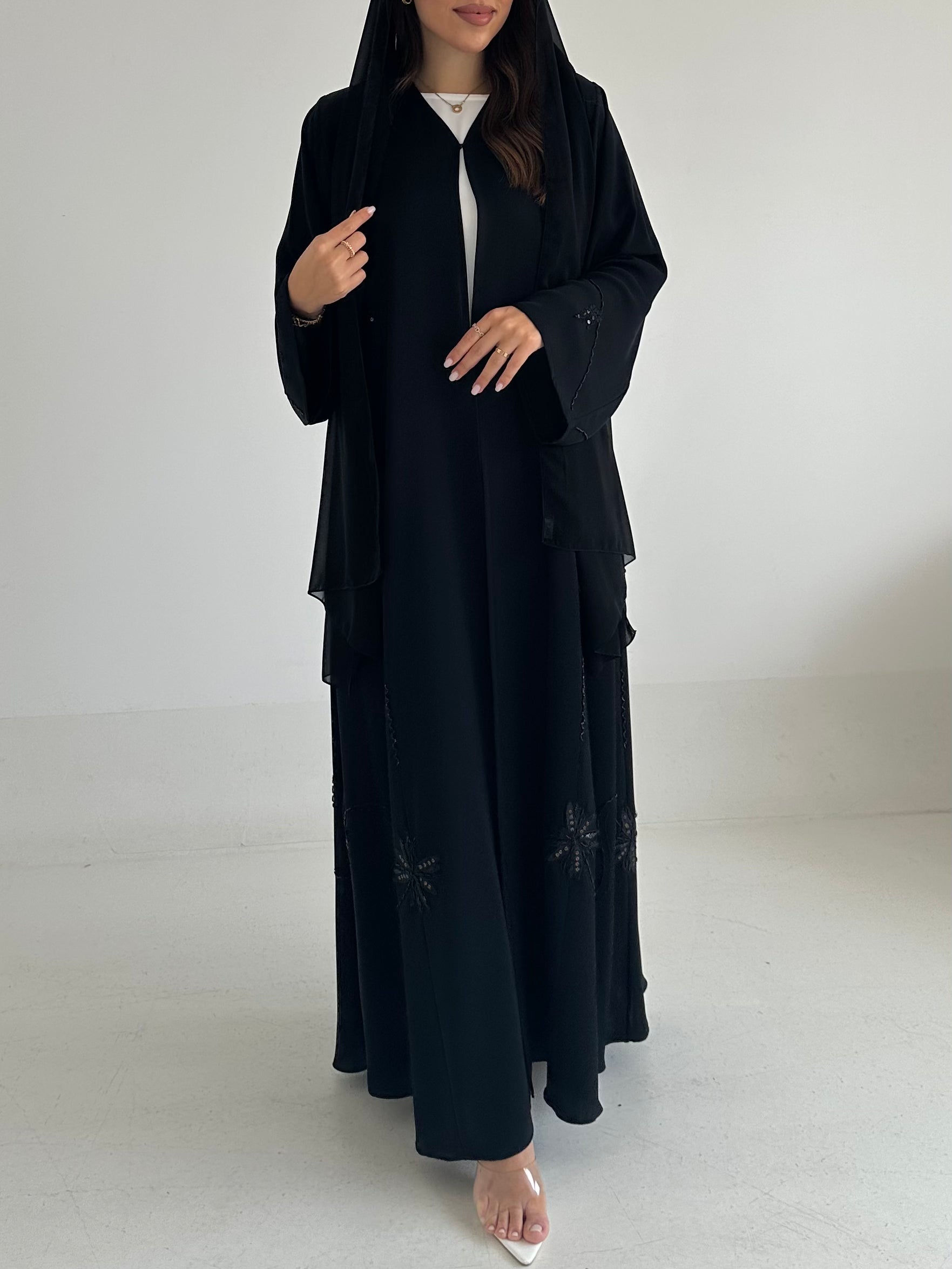 C 2503 Black Floral Beaded Abaya